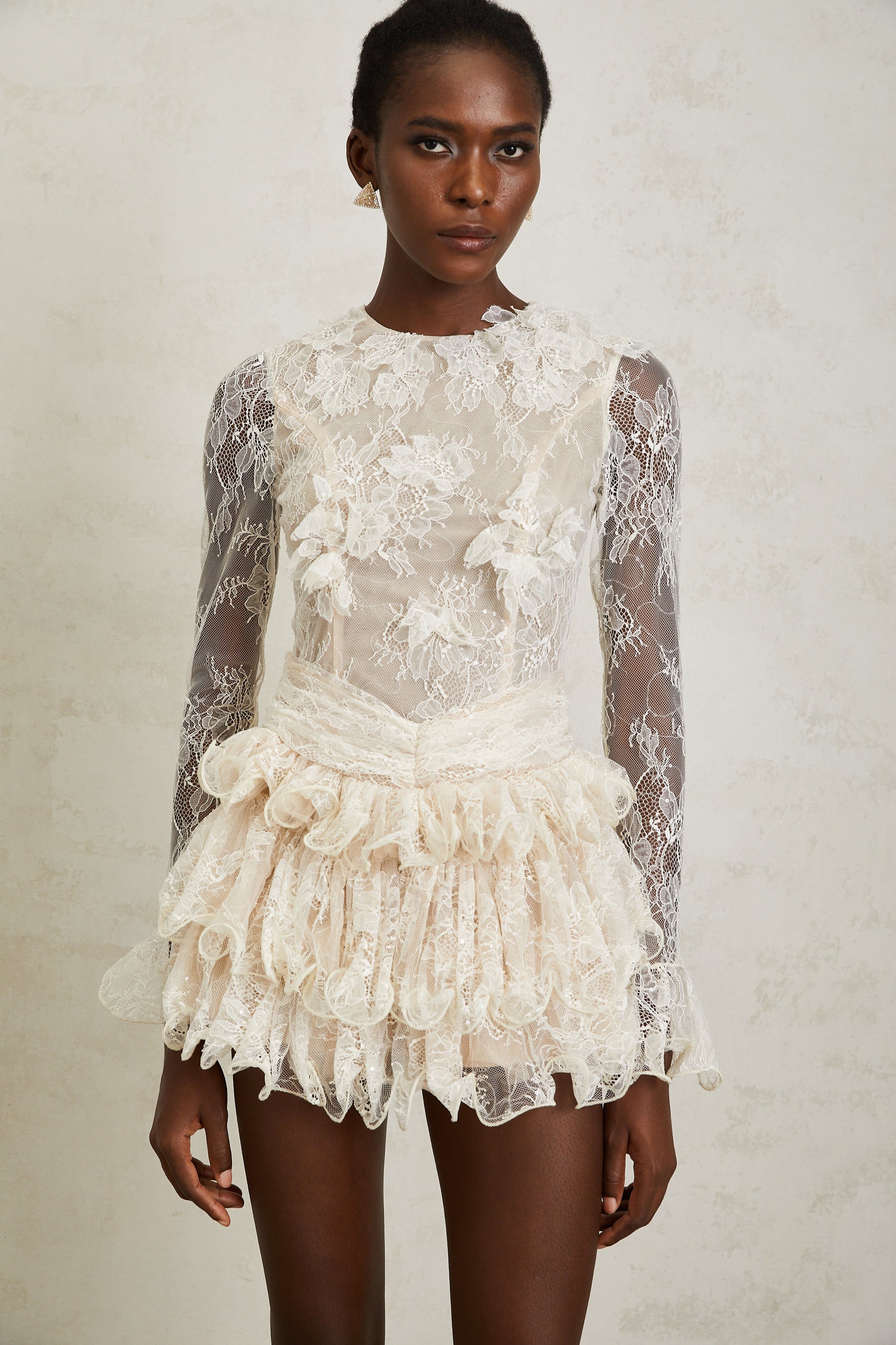 Baptistine White Floral Lace Tiered Mini Dress