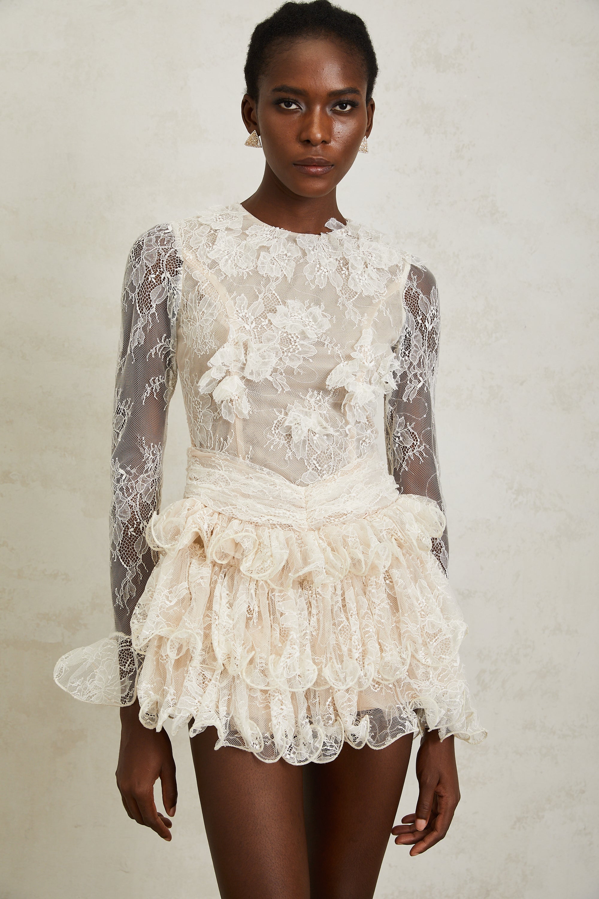 Baptistine White Floral Lace Tiered Mini Dress
