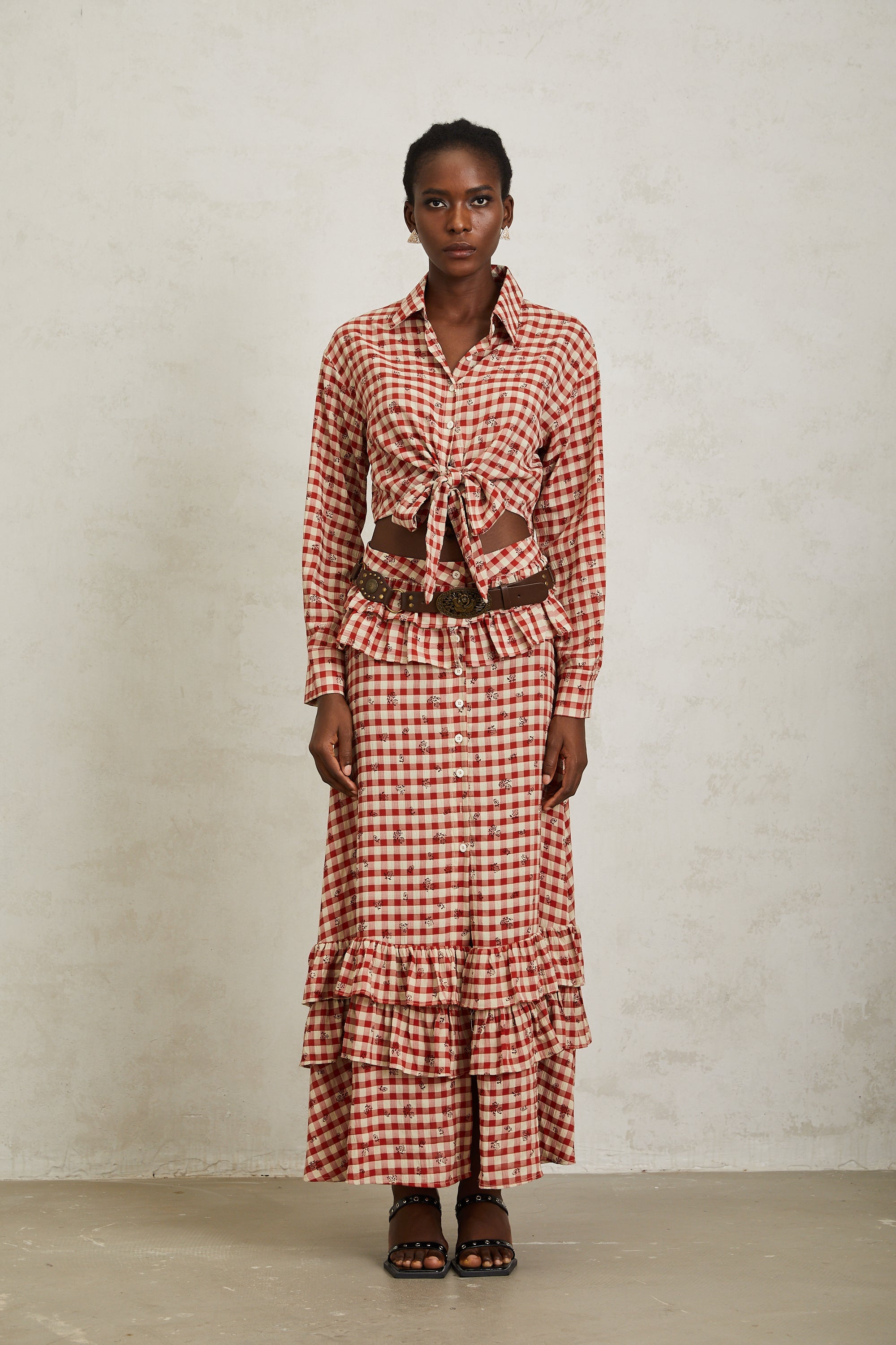 Céline Red Rose Print Plaid Shirt & Skirt Set
