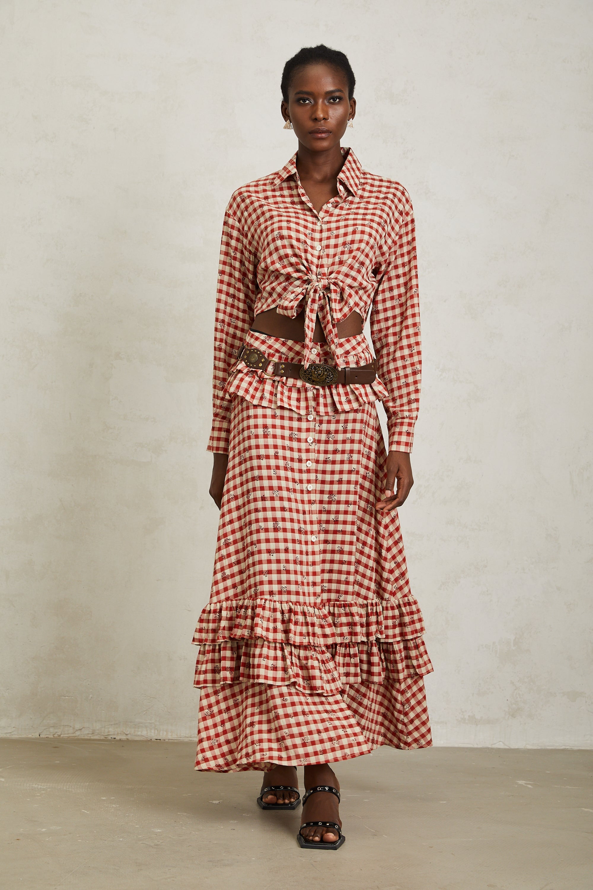 Céline Red Rose Print Plaid Shirt & Skirt Set - red