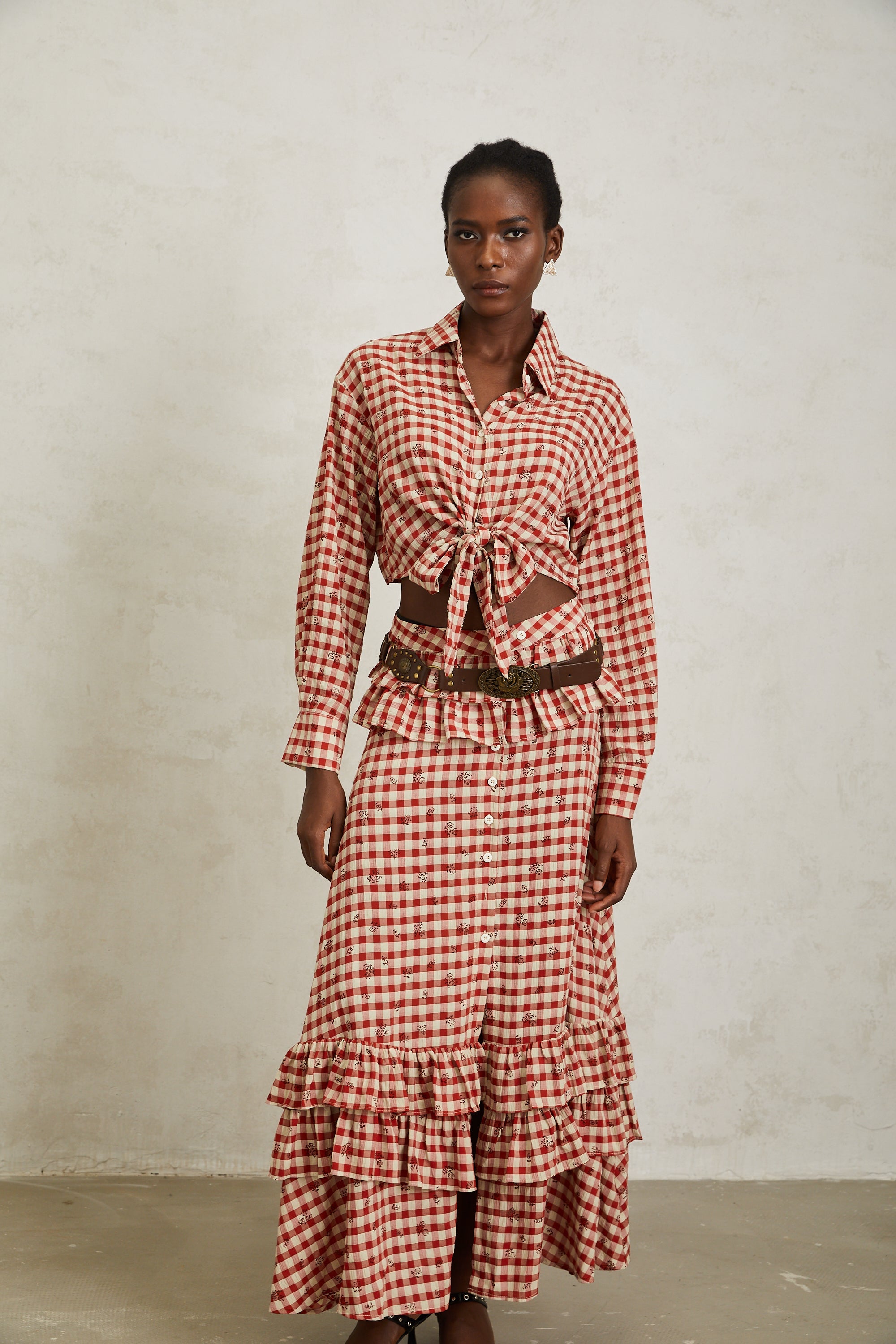 Céline Red Rose Print Plaid Shirt & Skirt Set