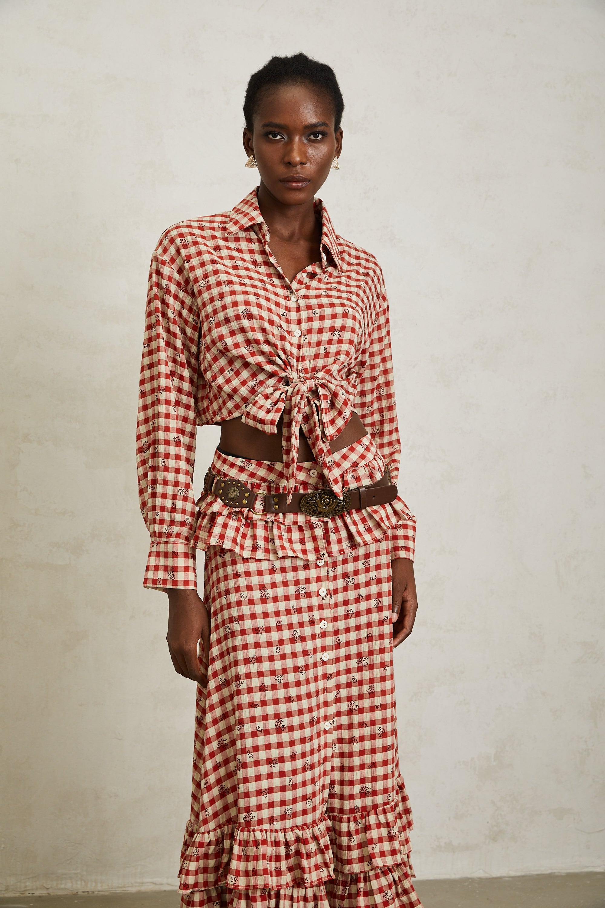 Céline Red Rose Print Plaid Shirt & Skirt Set