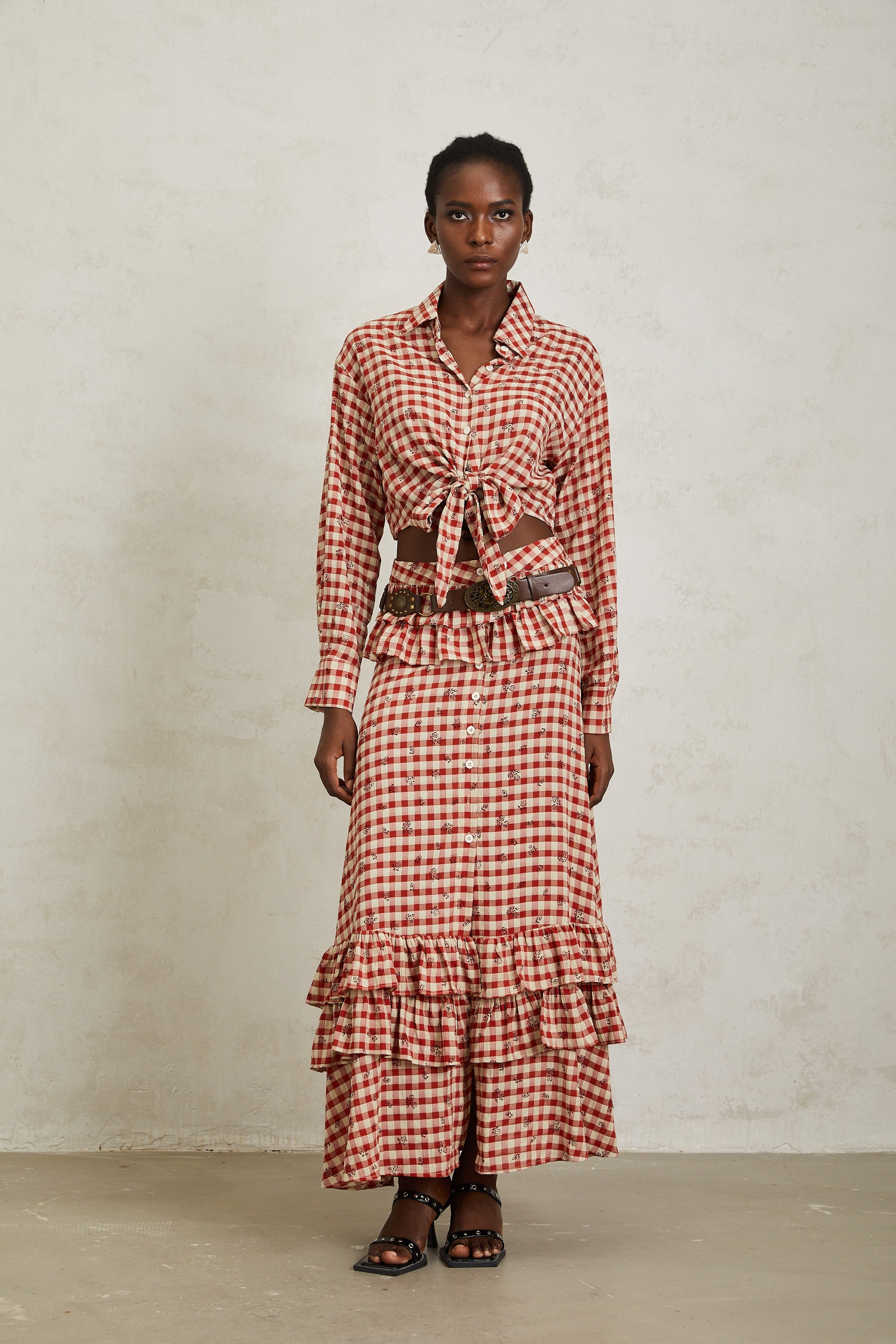 Céline Red Rose Print Plaid Shirt & Skirt Set