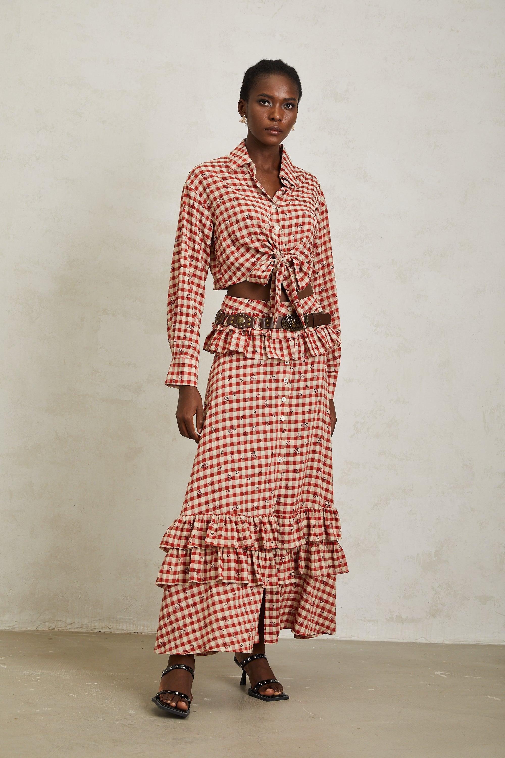 Céline Red Rose Print Plaid Shirt & Skirt Set