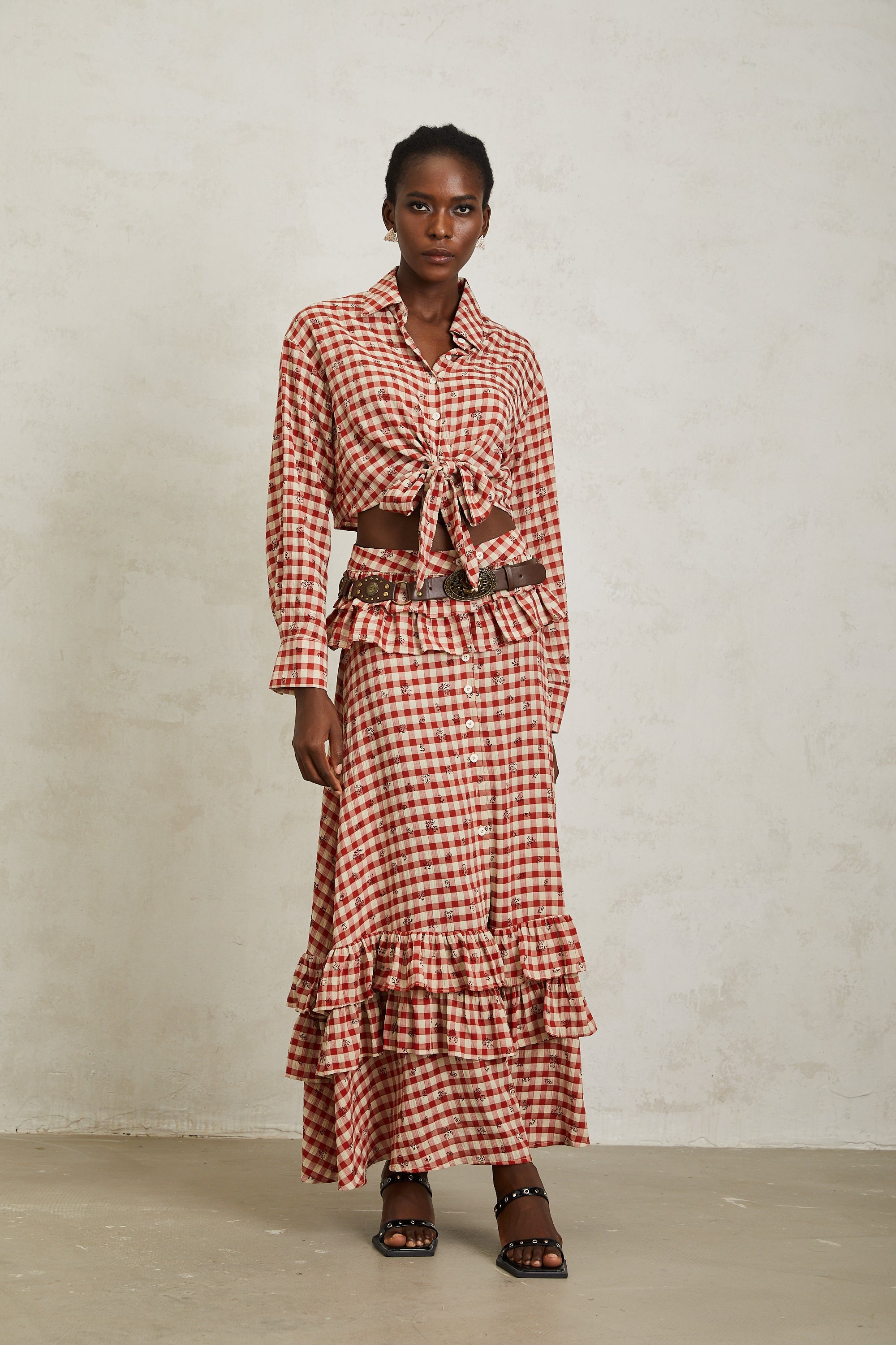 Céline Red Rose Print Plaid Shirt & Skirt Set