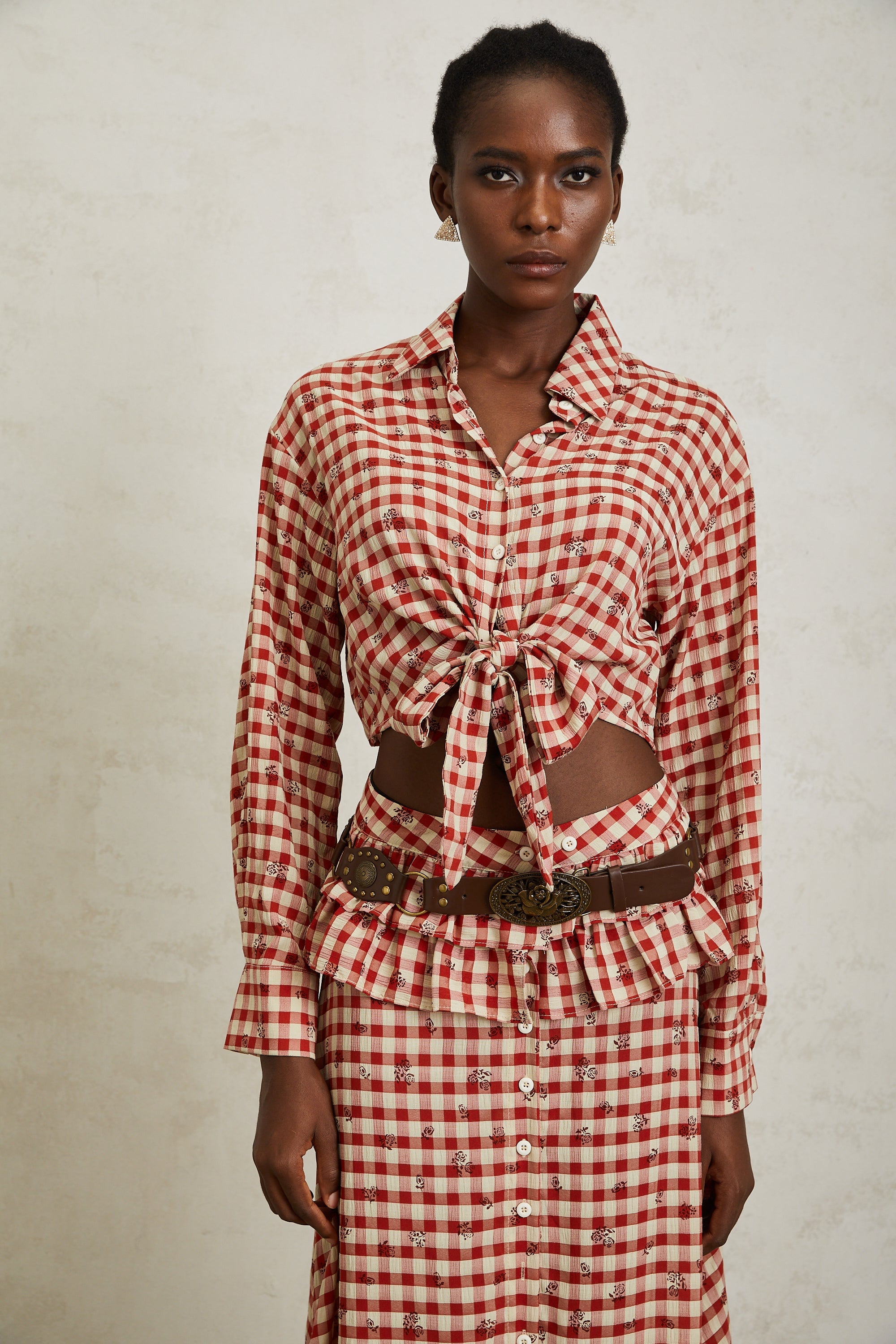 Céline Red Rose Print Plaid Shirt & Skirt Set