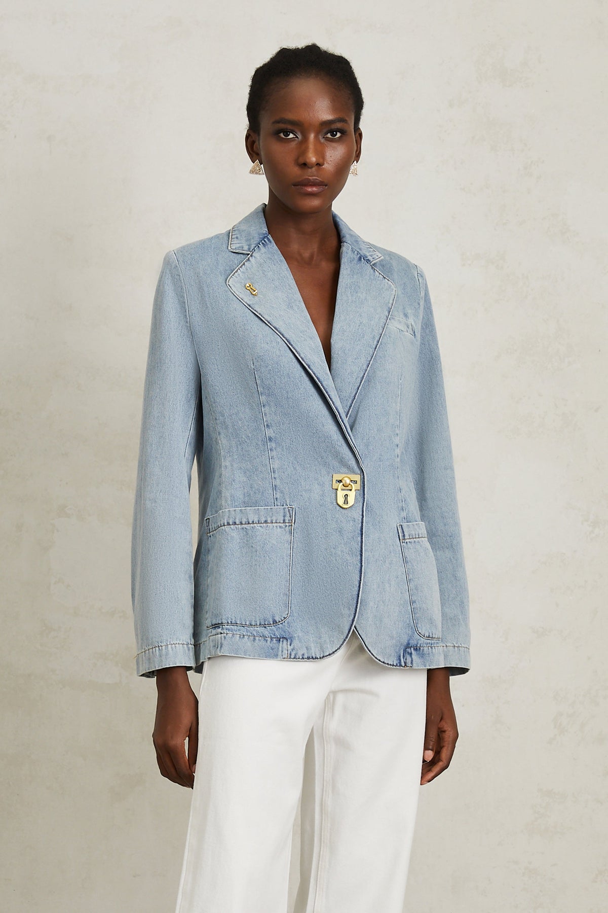 Léonide Blue Lock Detail Denim Blazer
