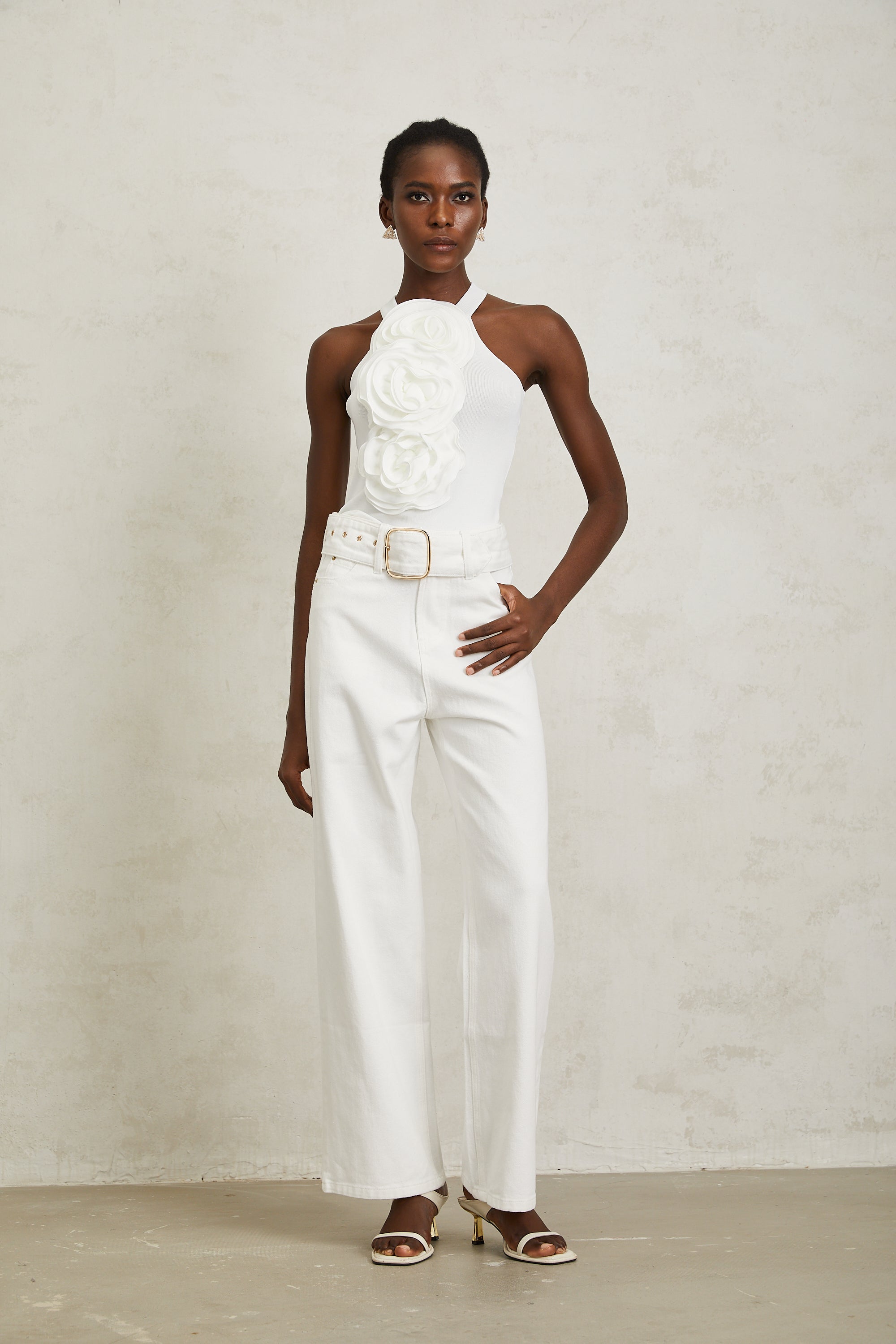 Irina White Wide Leg Belted Denim Jeans