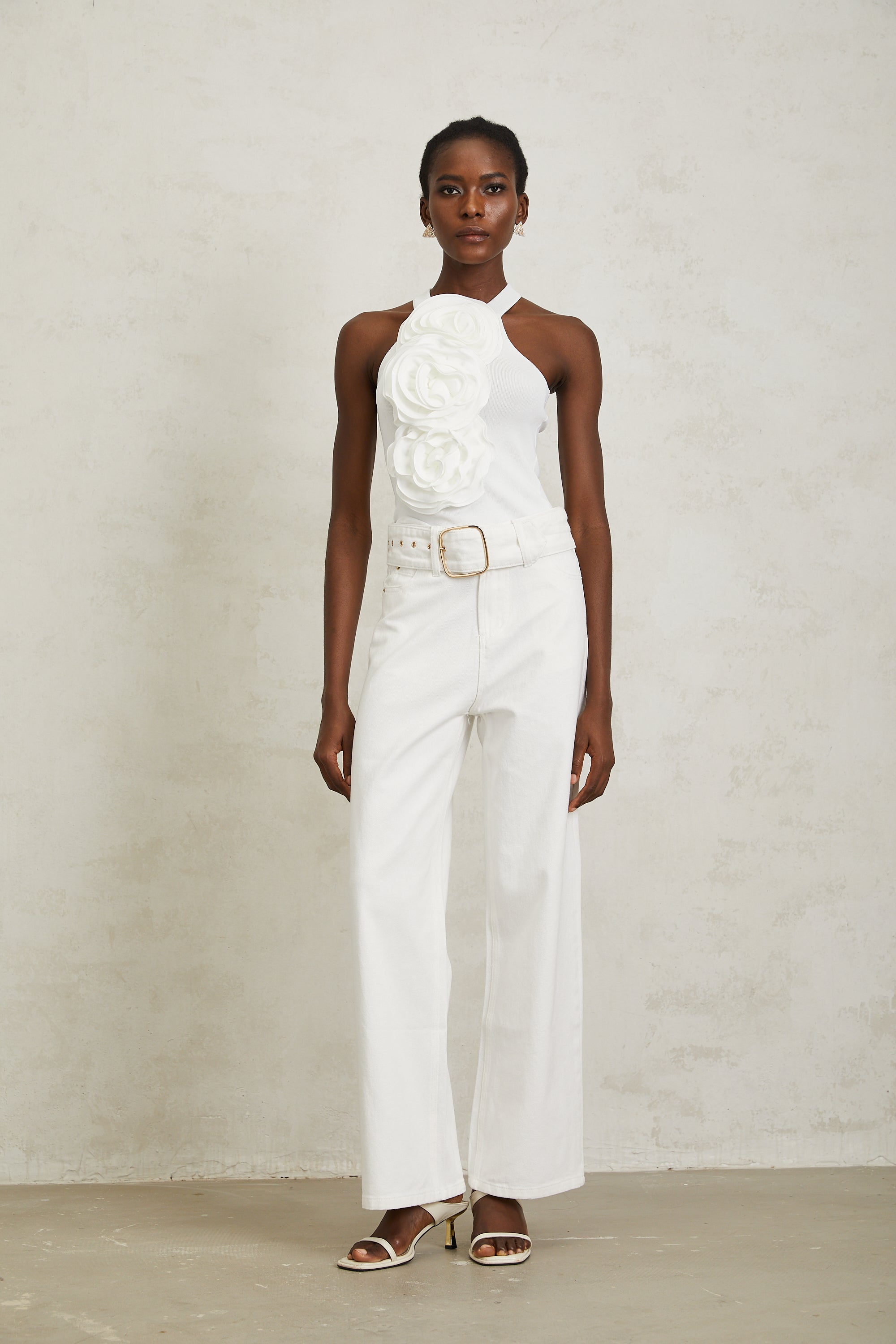 Irina White Wide Leg Belted Denim Jeans