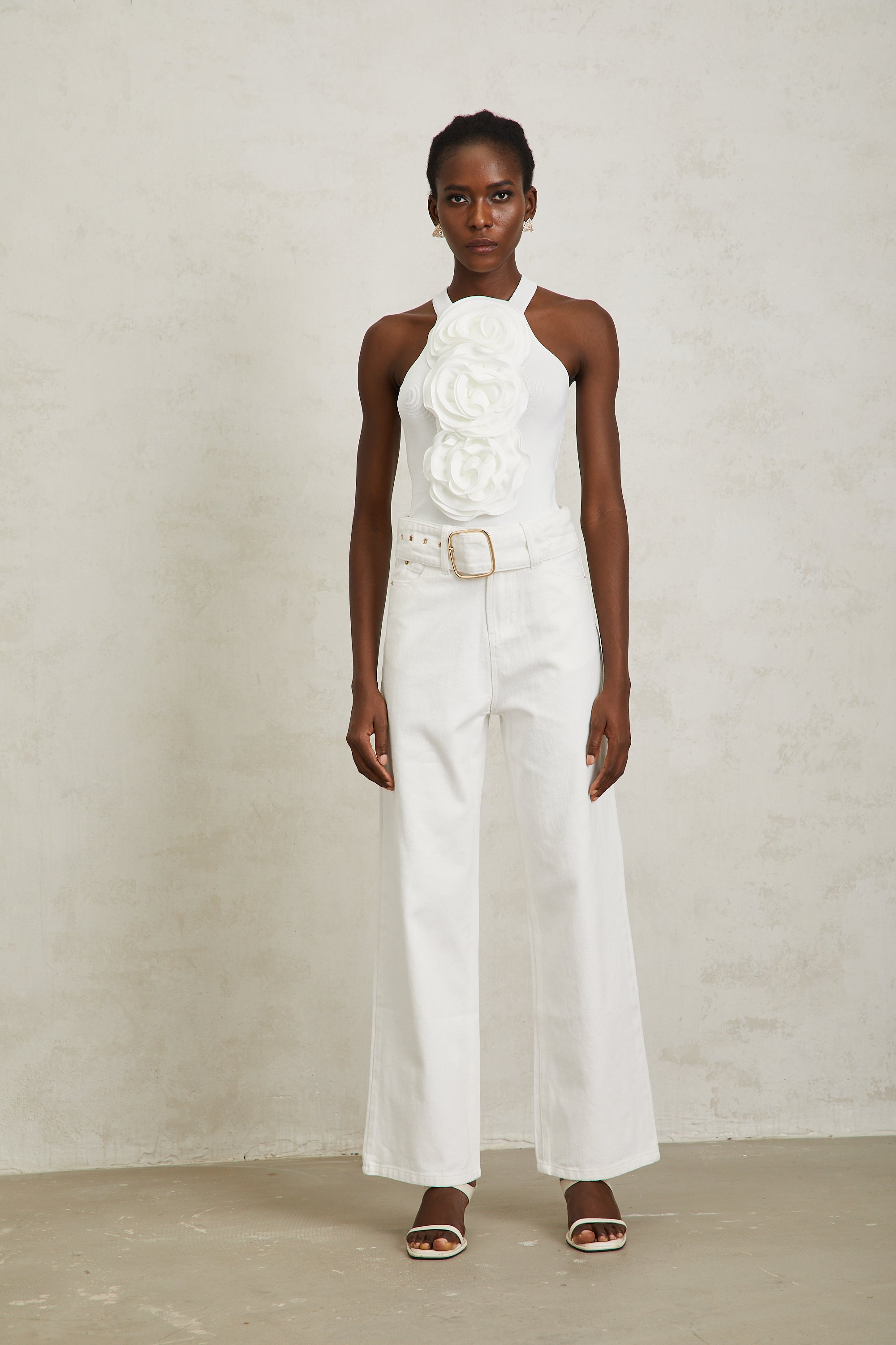 Irina White Wide Leg Belted Denim Jeans