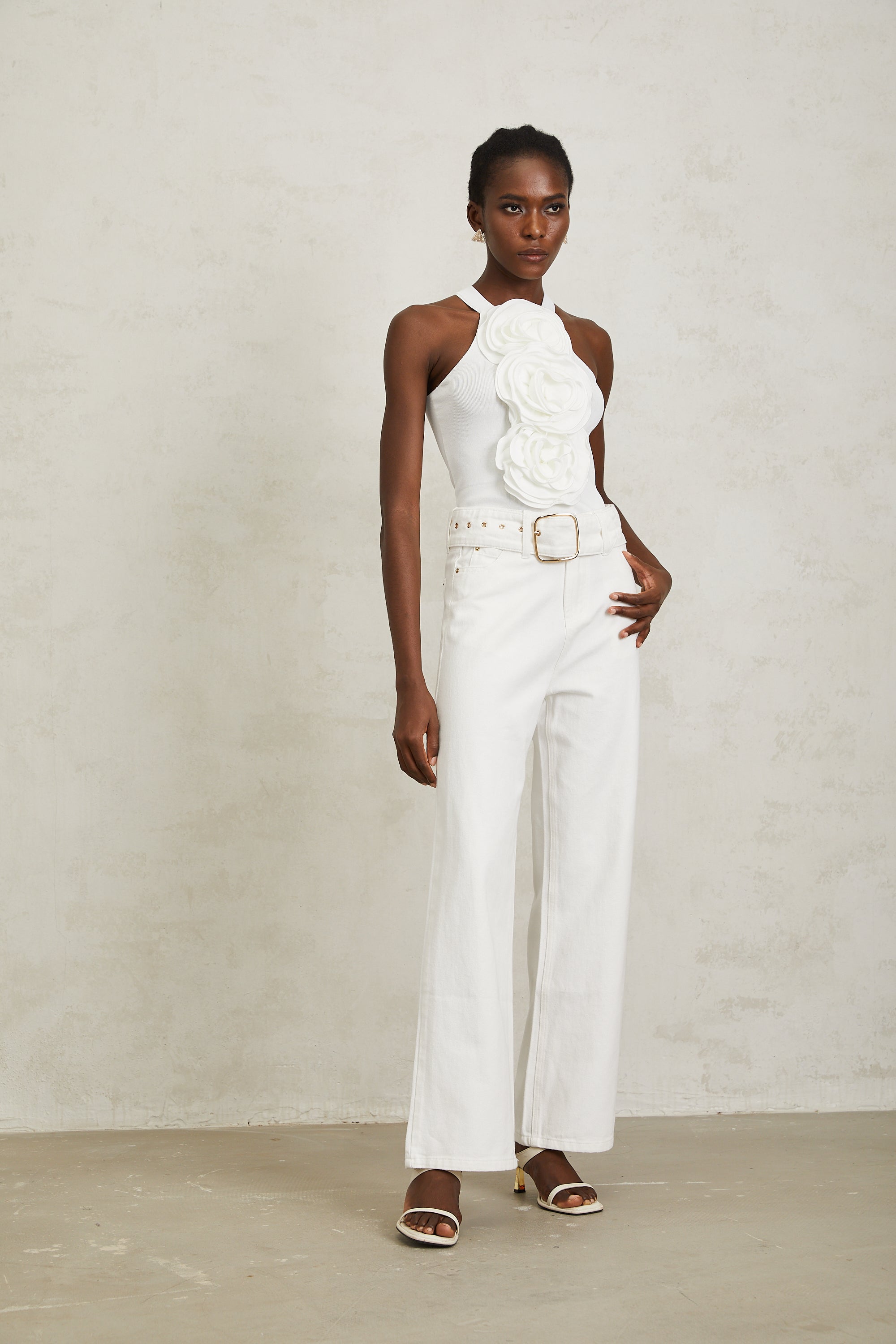 Irina White Wide Leg Belted Denim Jeans