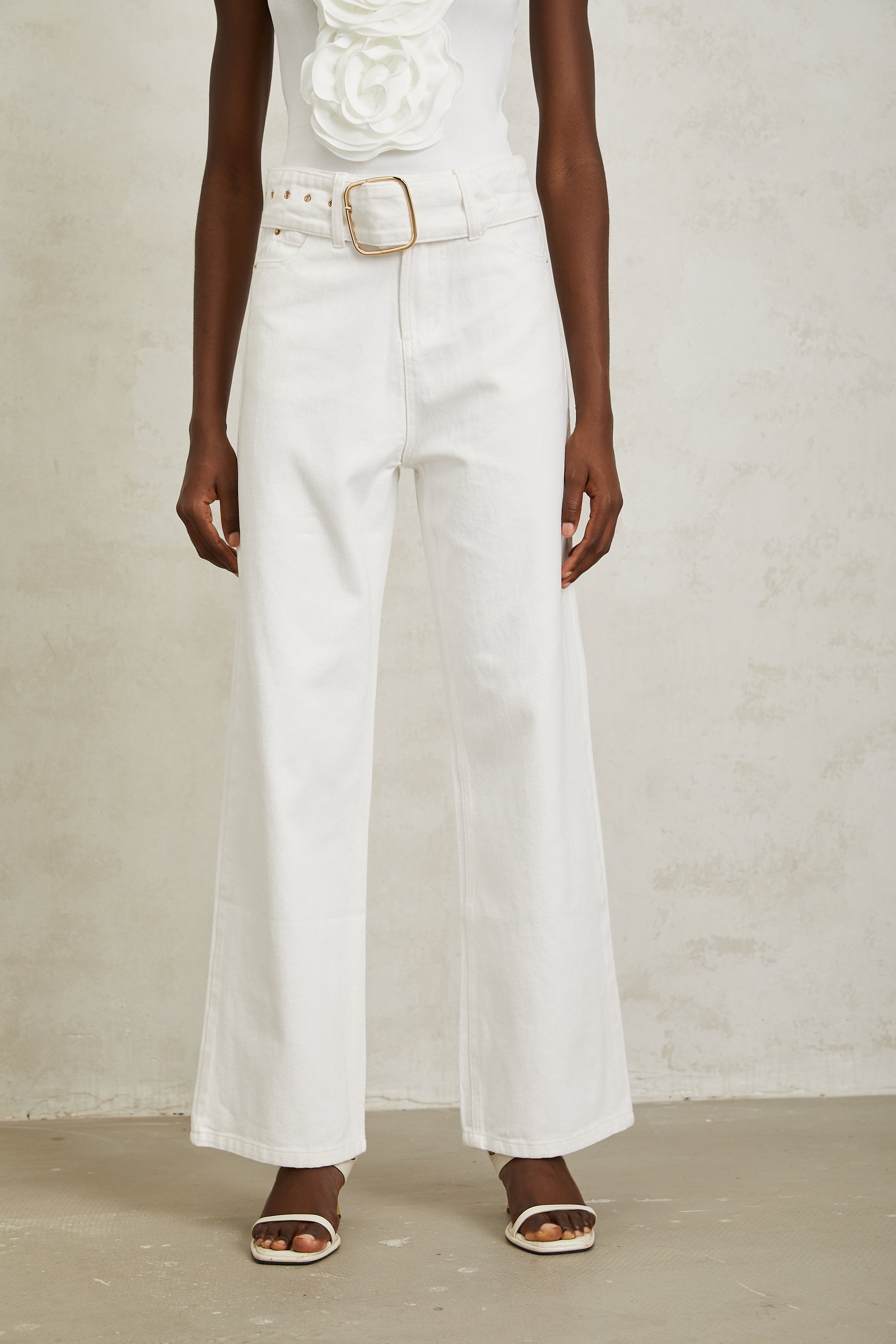 Irina White Wide Leg Belted Denim Jeans