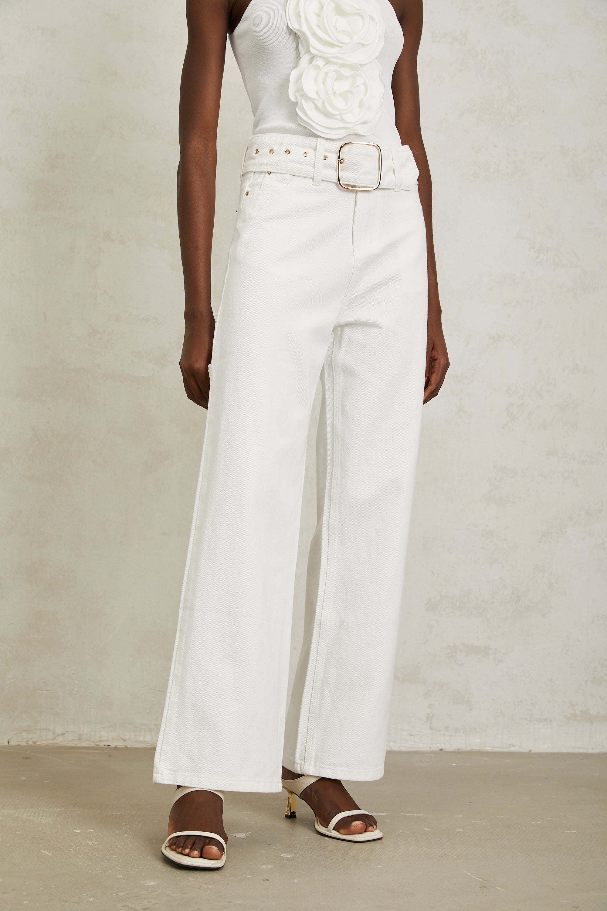 Irina White Wide Leg Belted Denim Jeans