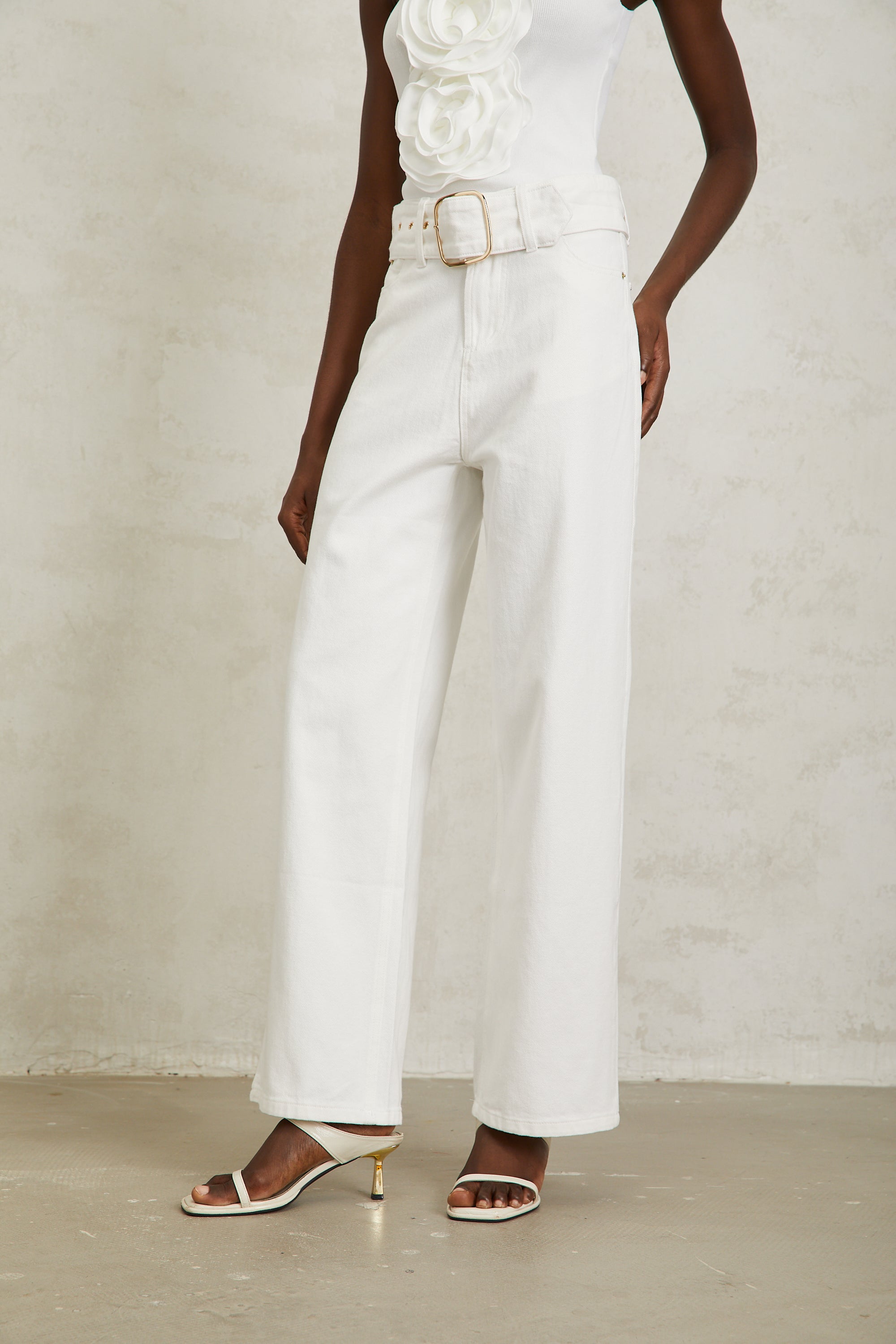 Irina White Wide Leg Belted Denim Jeans