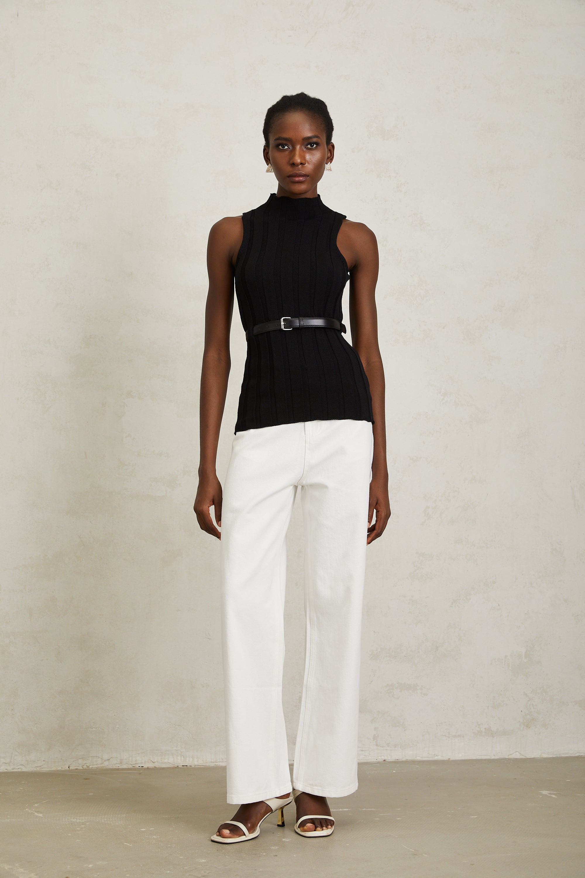 Maelle Black Belted Ribbed Knit Top