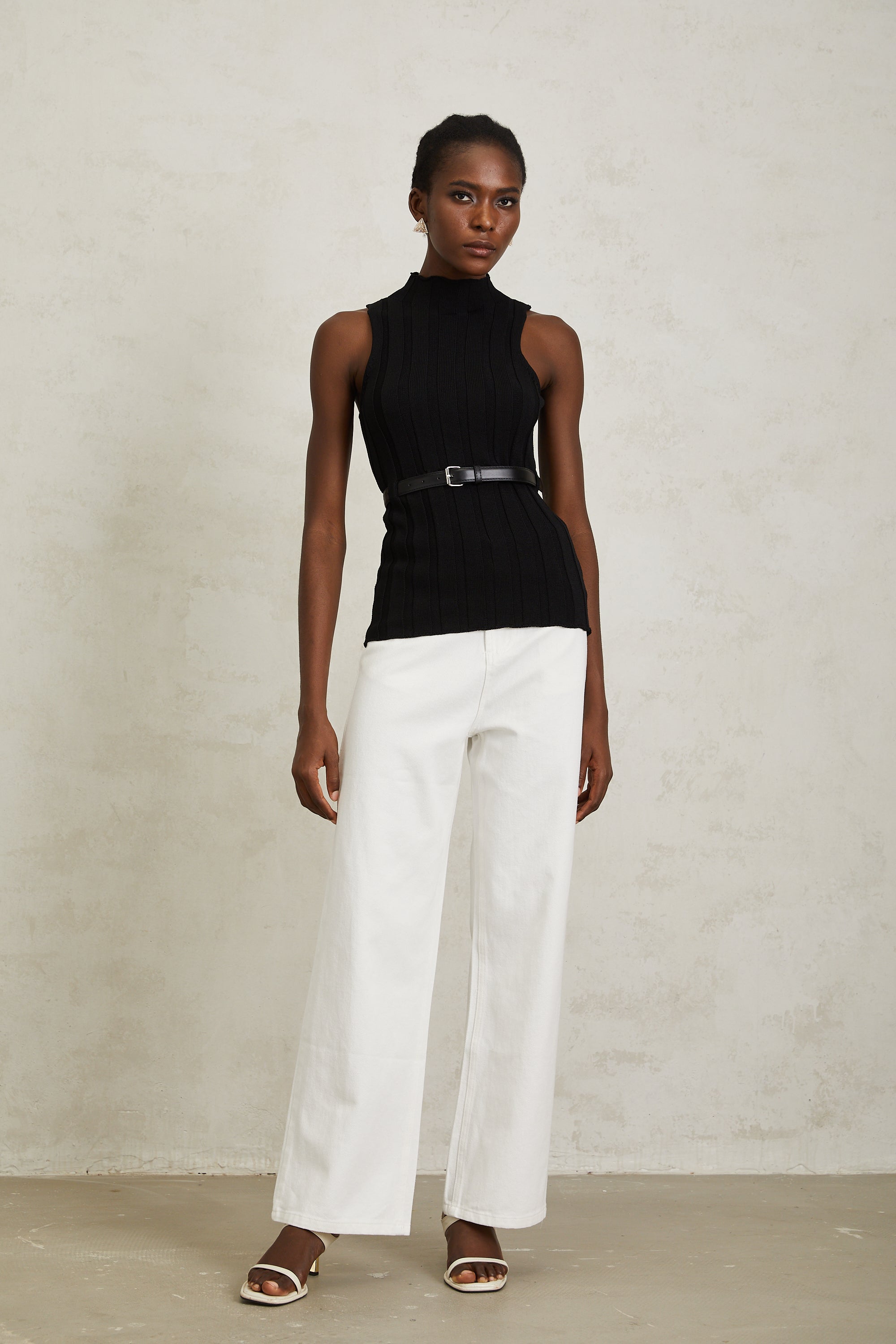 Maelle Black Belted Ribbed Knit Top