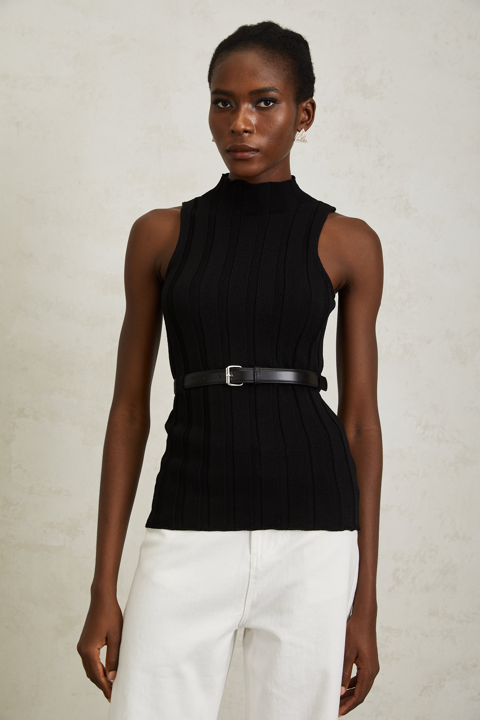 Maelle Black Belted Ribbed Knit Top