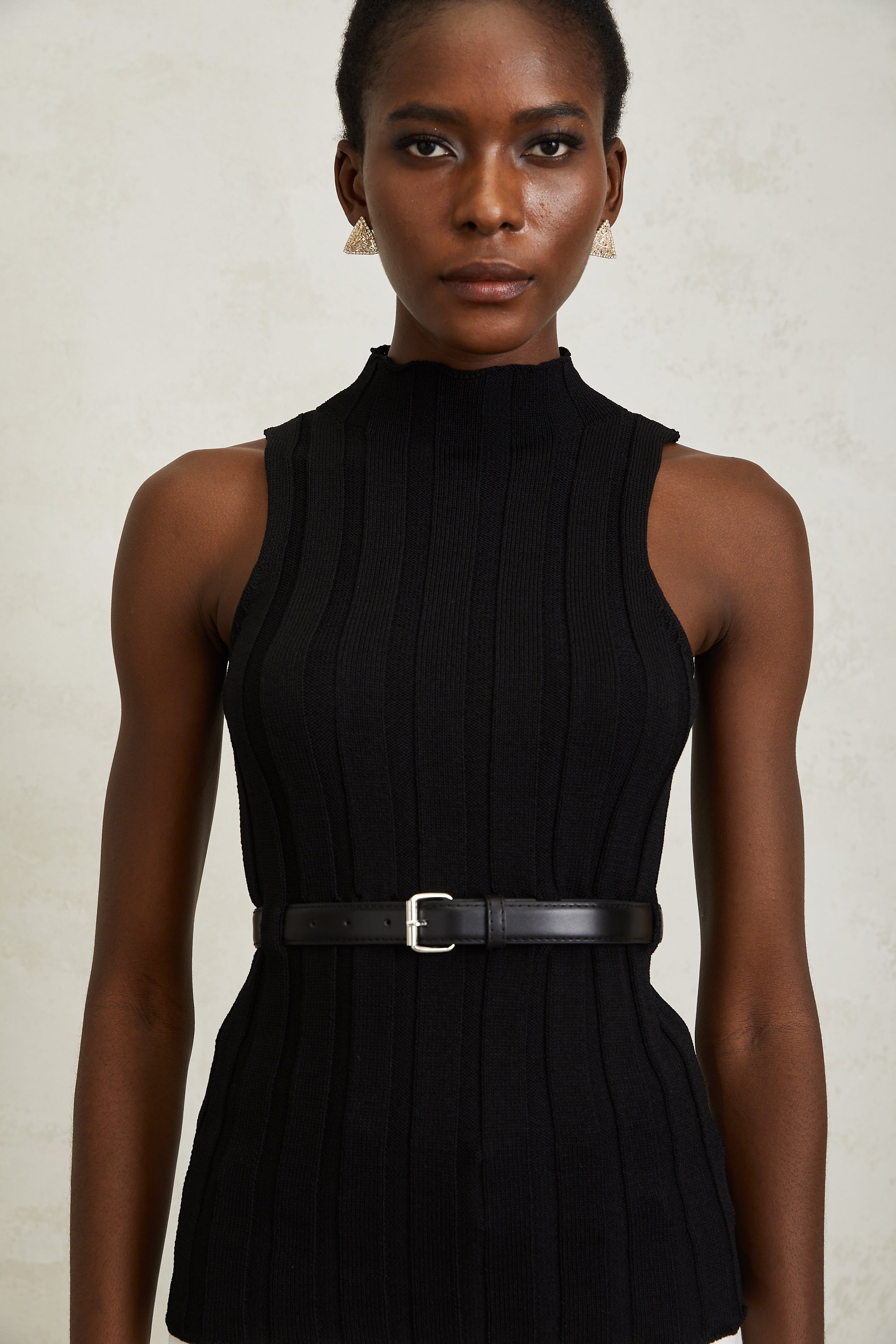 Maelle Black Belted Ribbed Knit Top