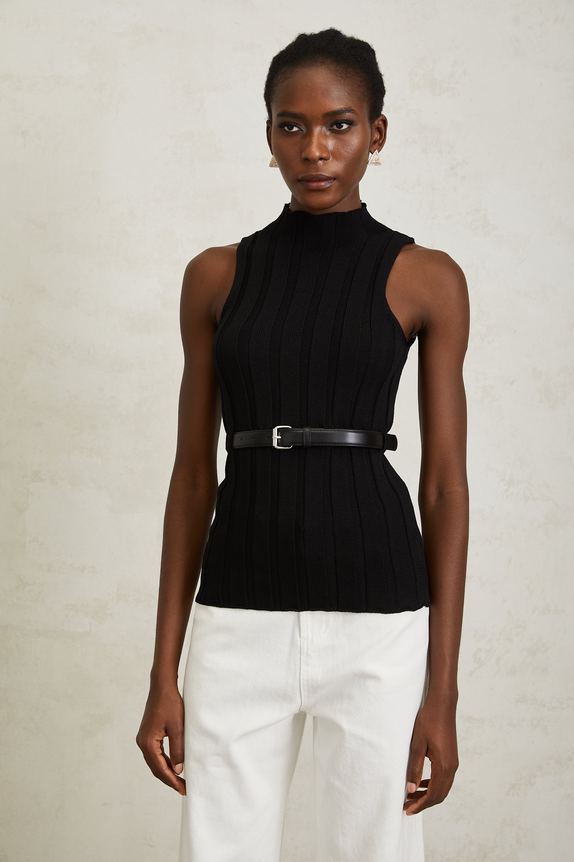 Maelle Black Belted Ribbed Knit Top