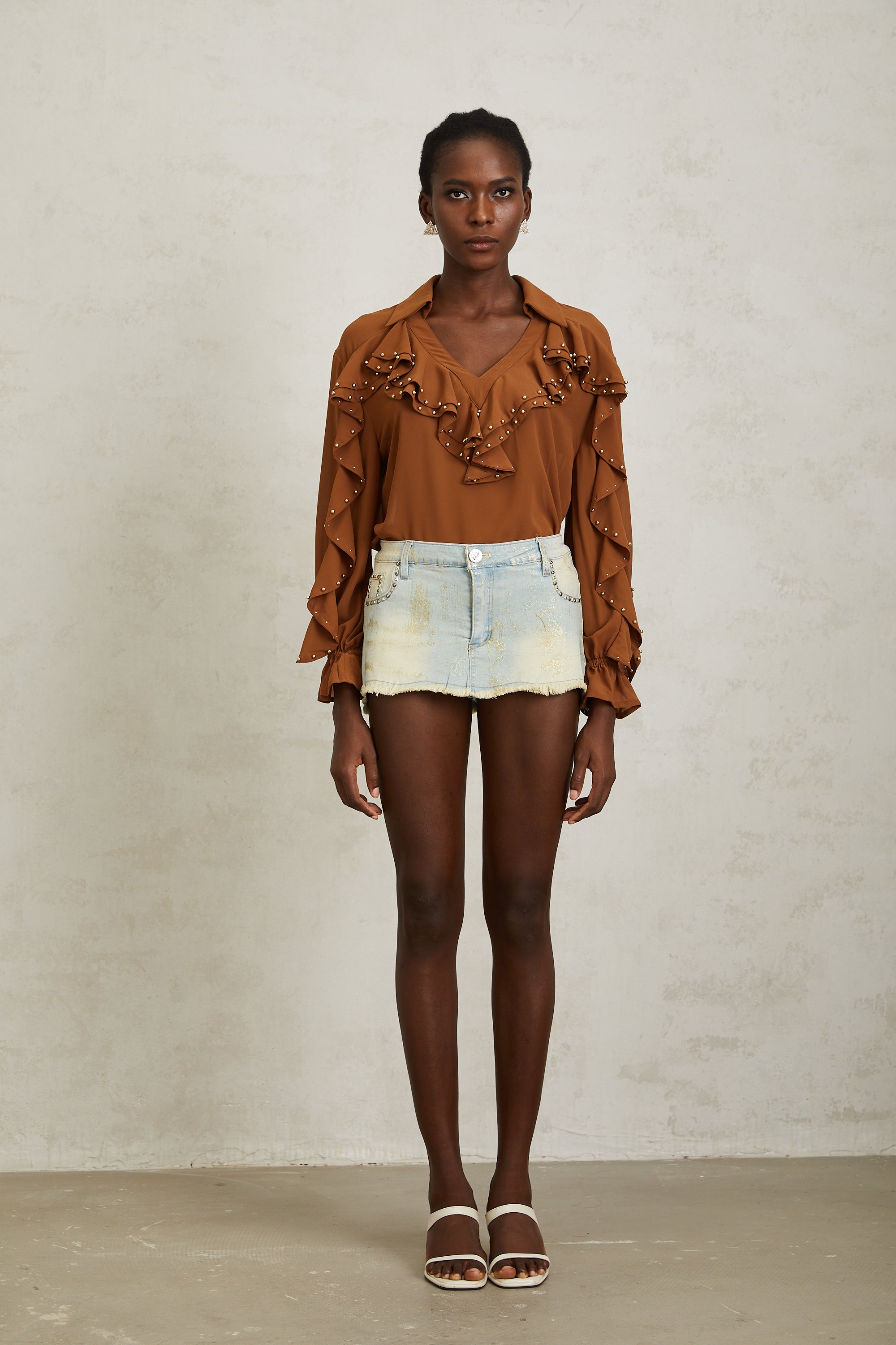 Isaline Caramel Beaded Ruffled Chiffon Blouse