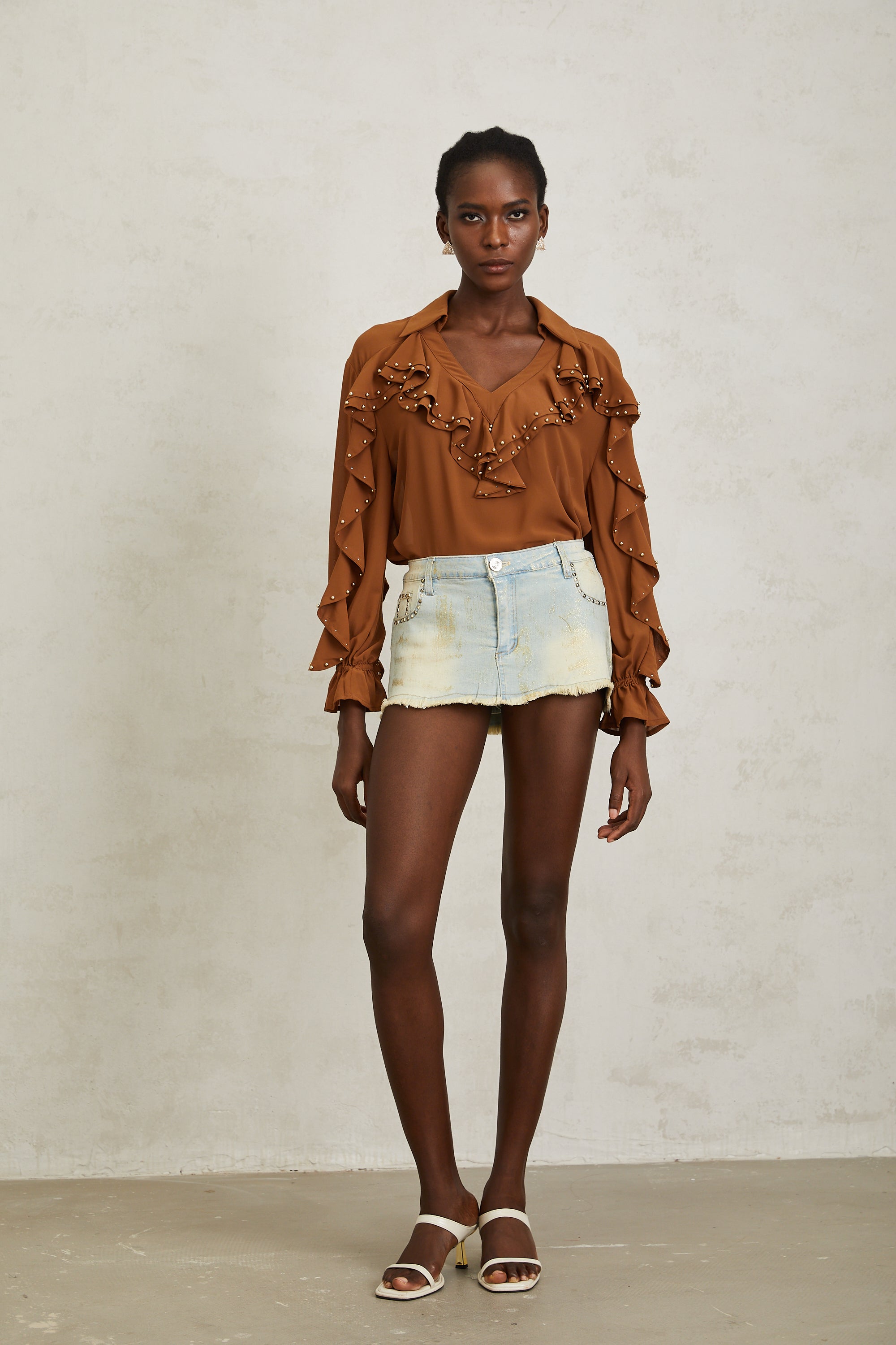 Isaline Caramel Beaded Ruffled Chiffon Blouse