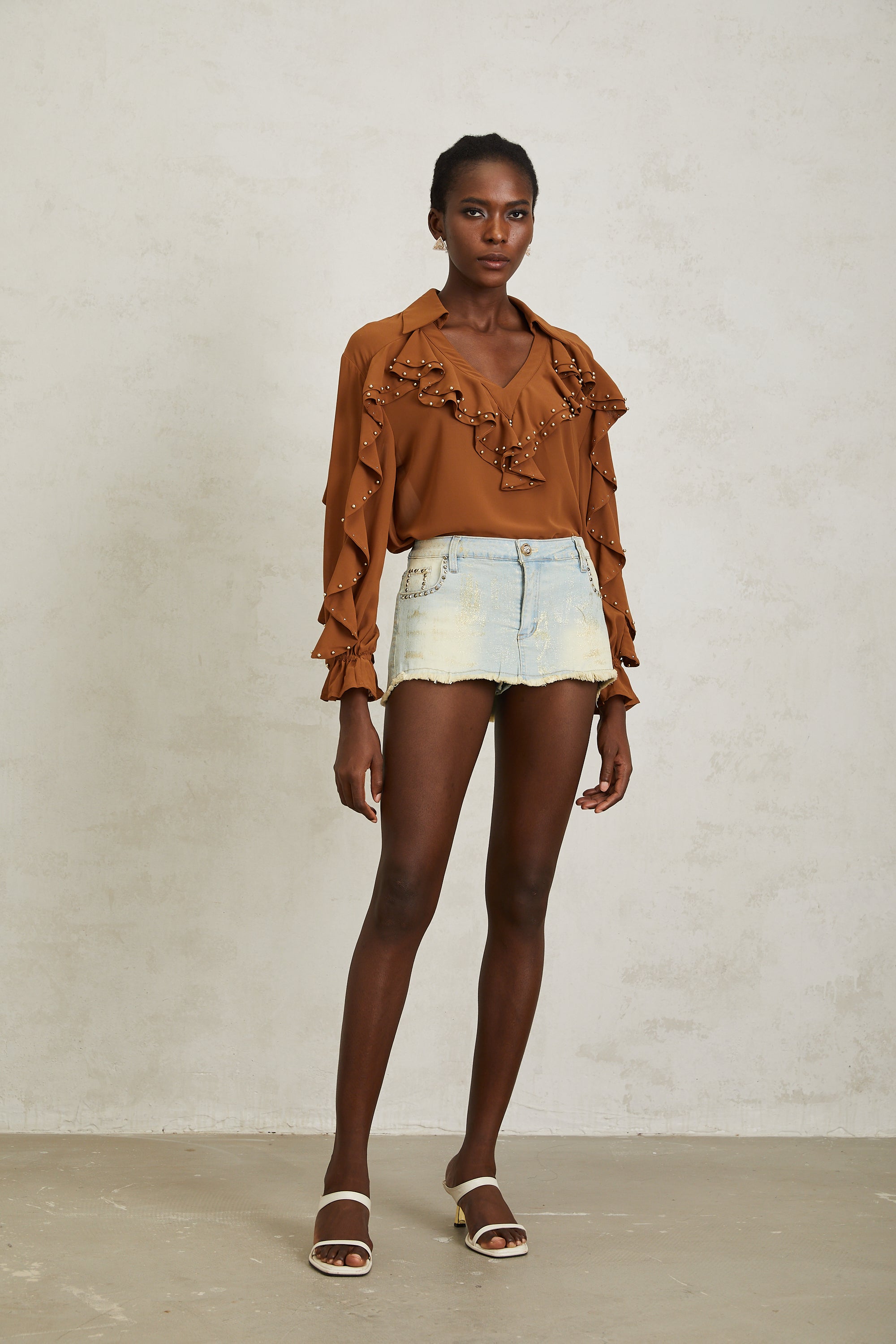 Isaline Caramel Beaded Ruffled Chiffon Blouse