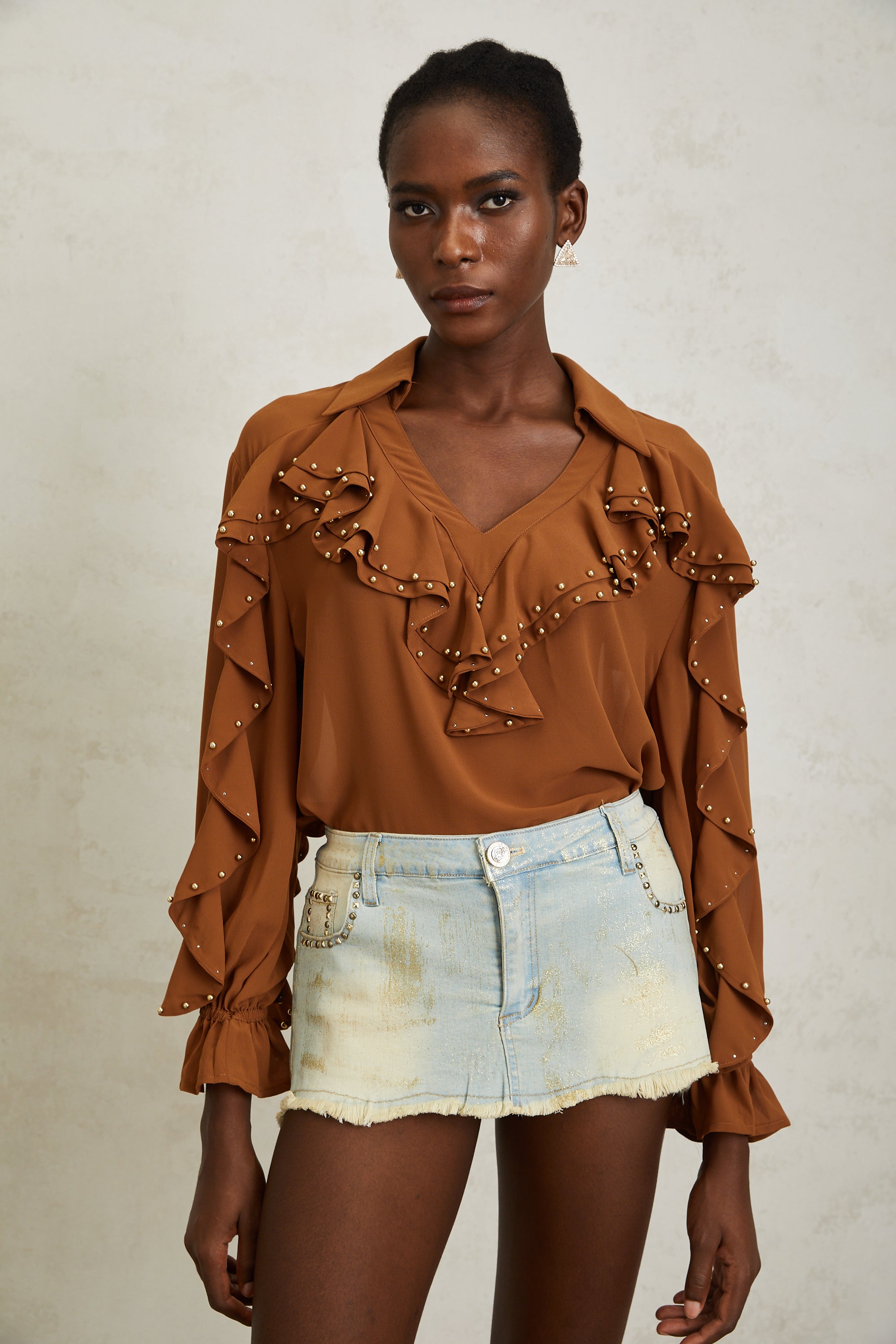 Isaline Caramel Beaded Ruffled Chiffon Blouse