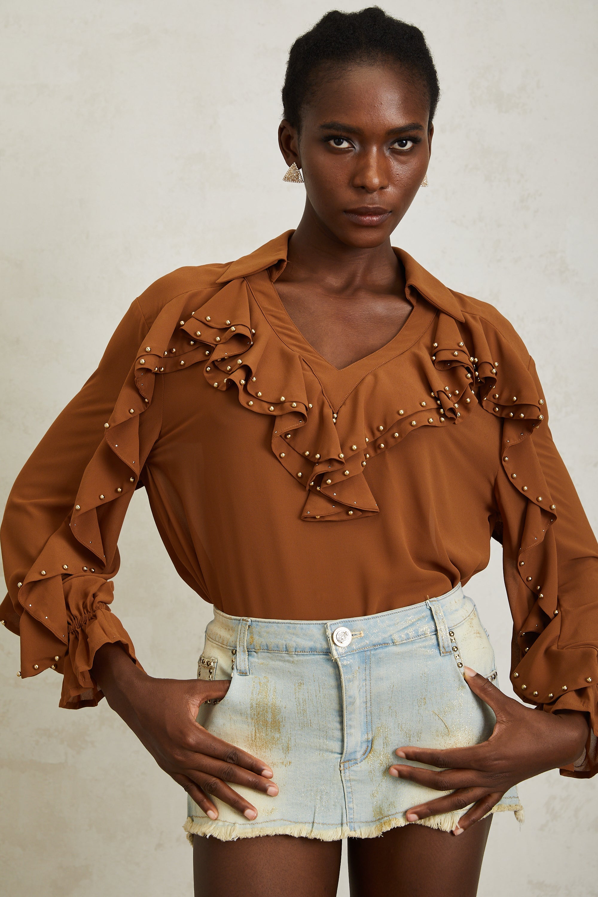 Isaline Caramel Beaded Ruffled Chiffon Blouse
