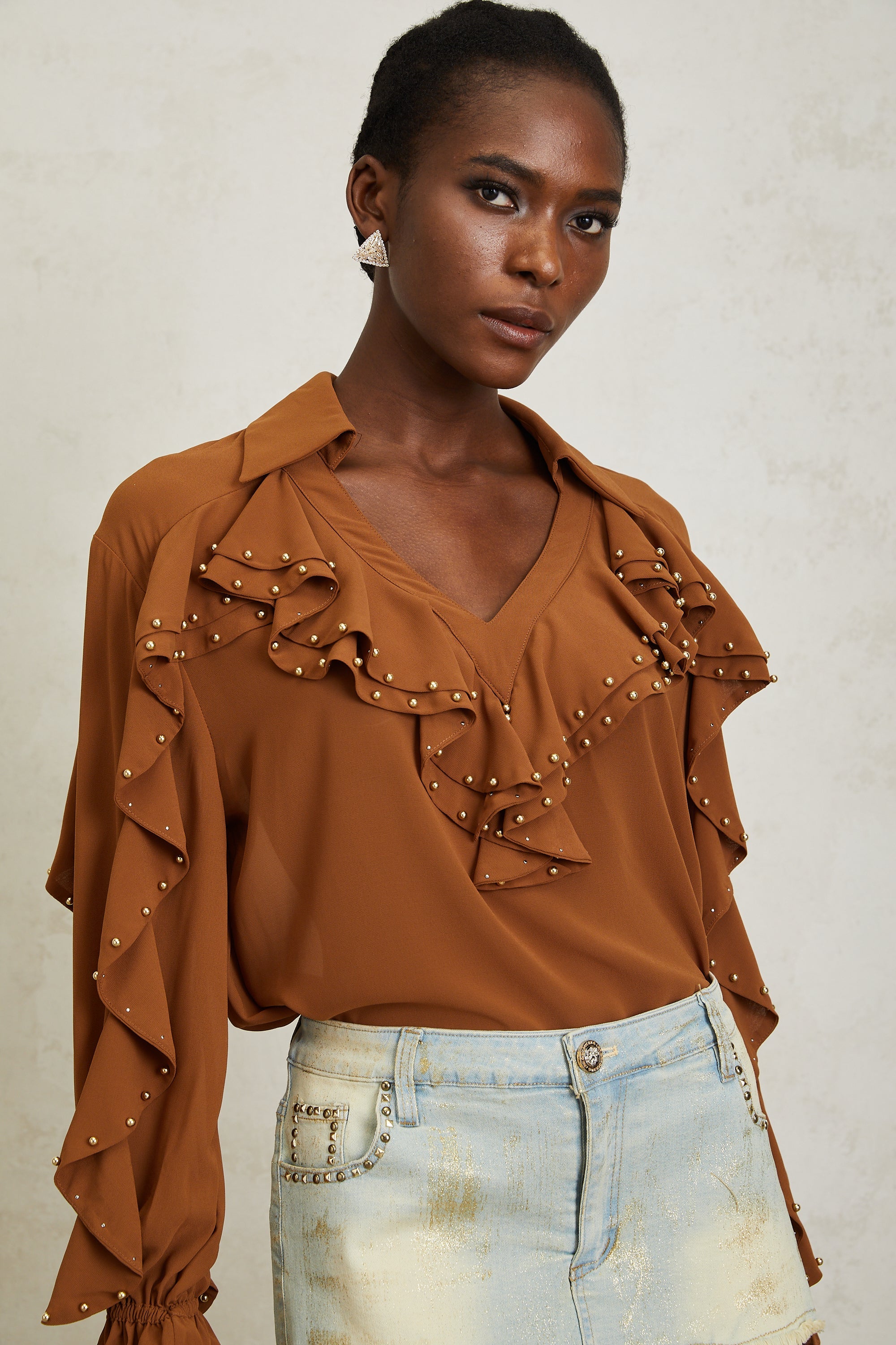 Isaline Caramel Beaded Ruffled Chiffon Blouse