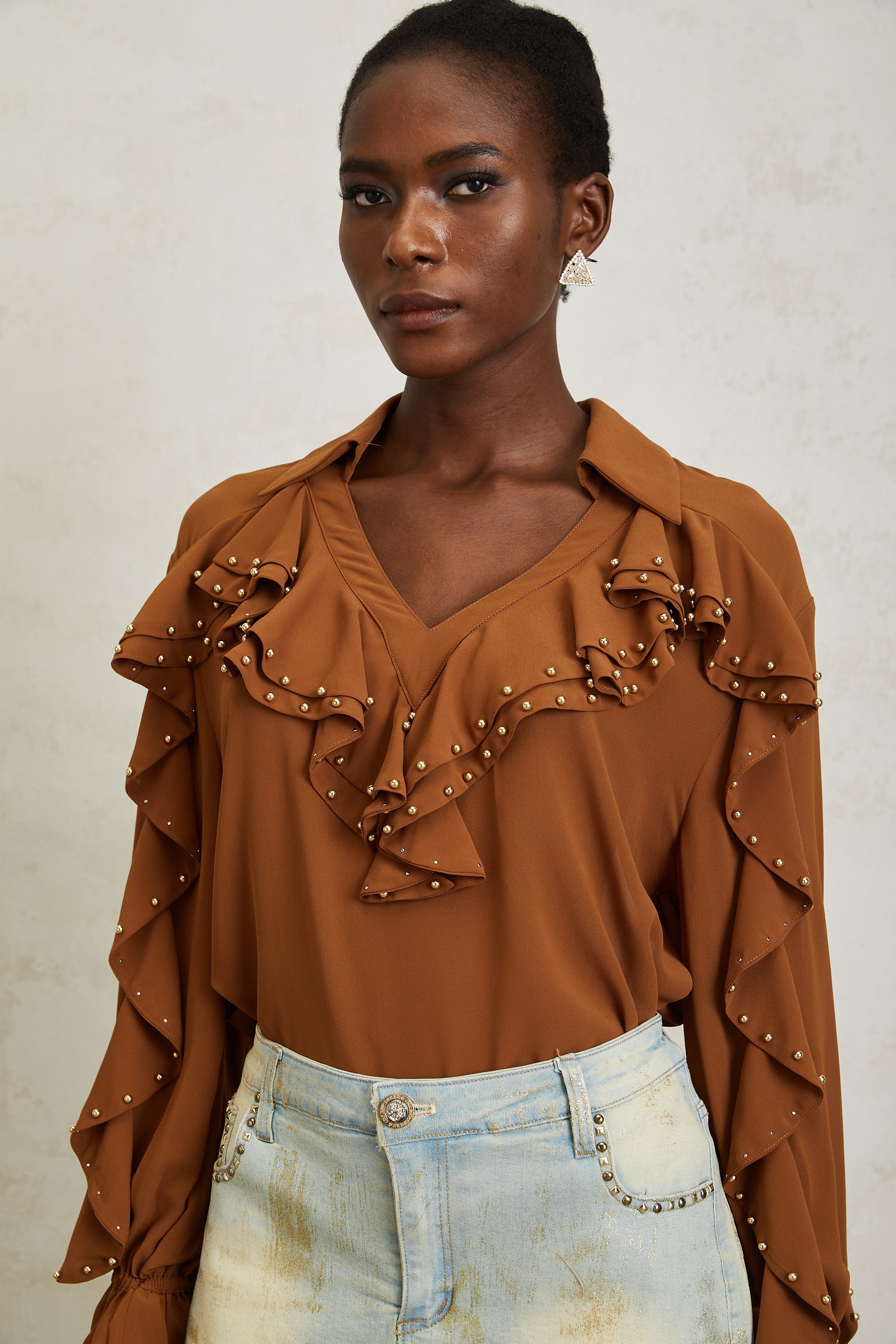 Isaline Caramel Beaded Ruffled Chiffon Blouse (Final Sale)