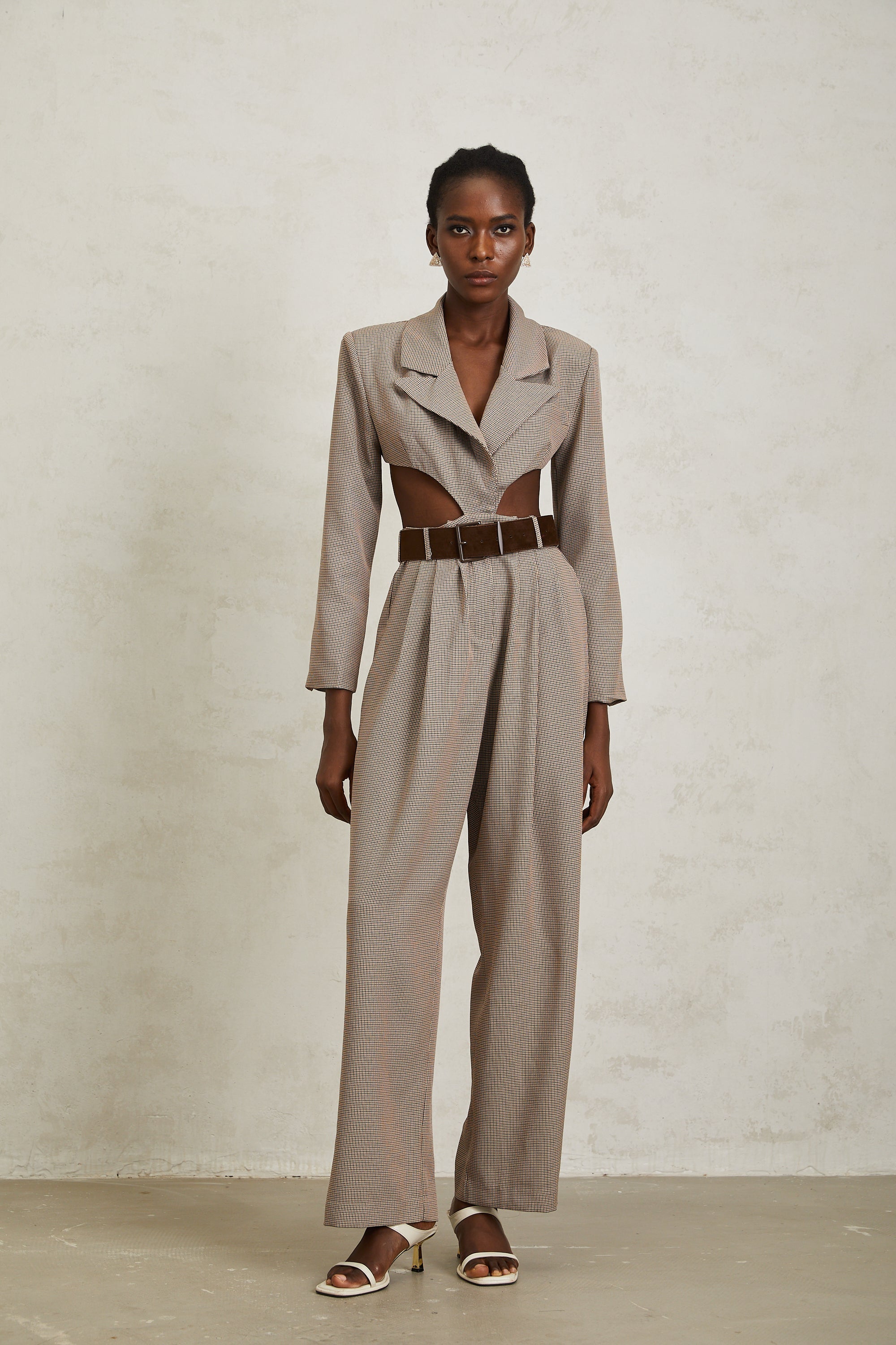 Cayetana Khaki Cut Out Houndstooth Jumpsuit