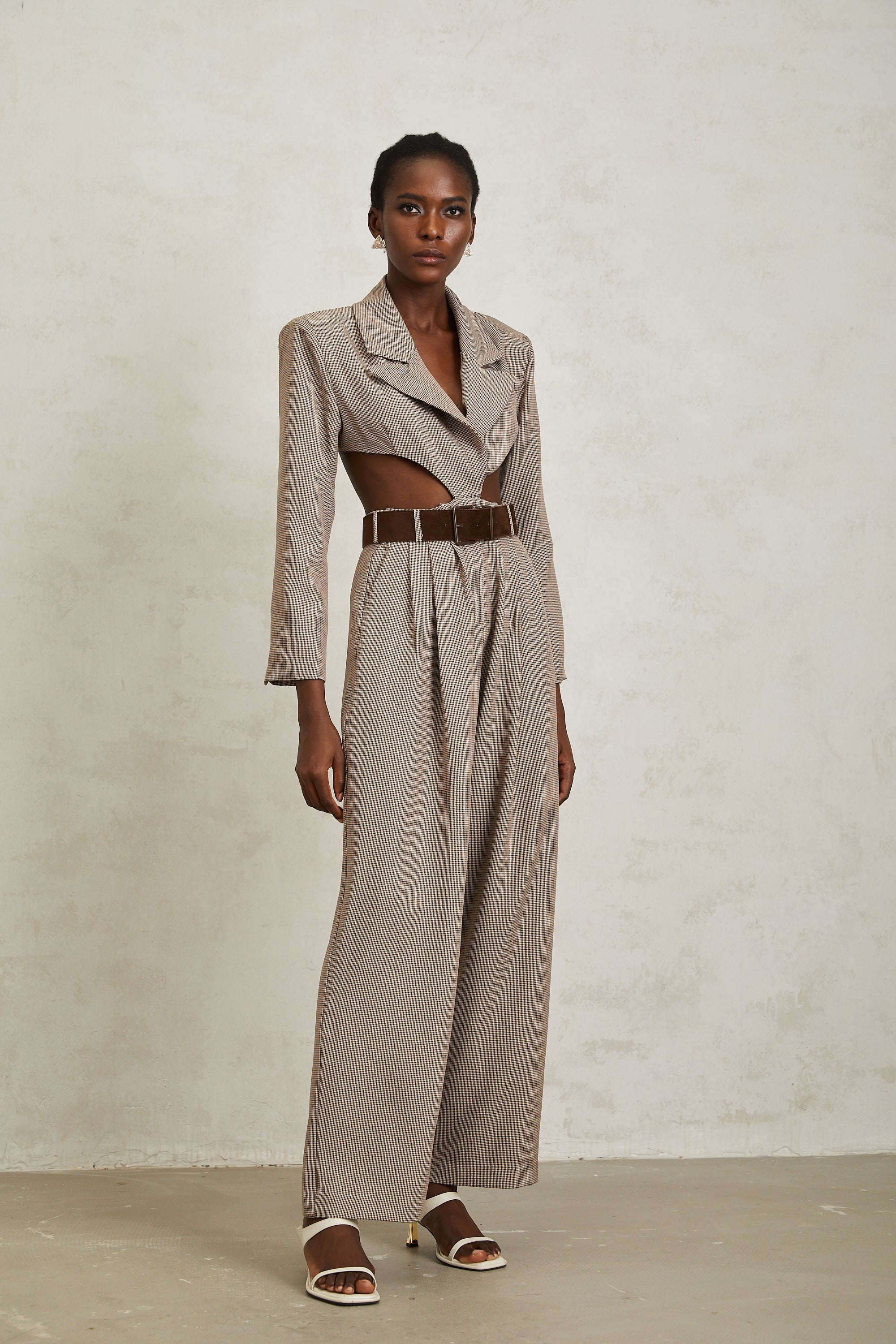 Cayetana Khaki Cut Out Houndstooth Jumpsuit