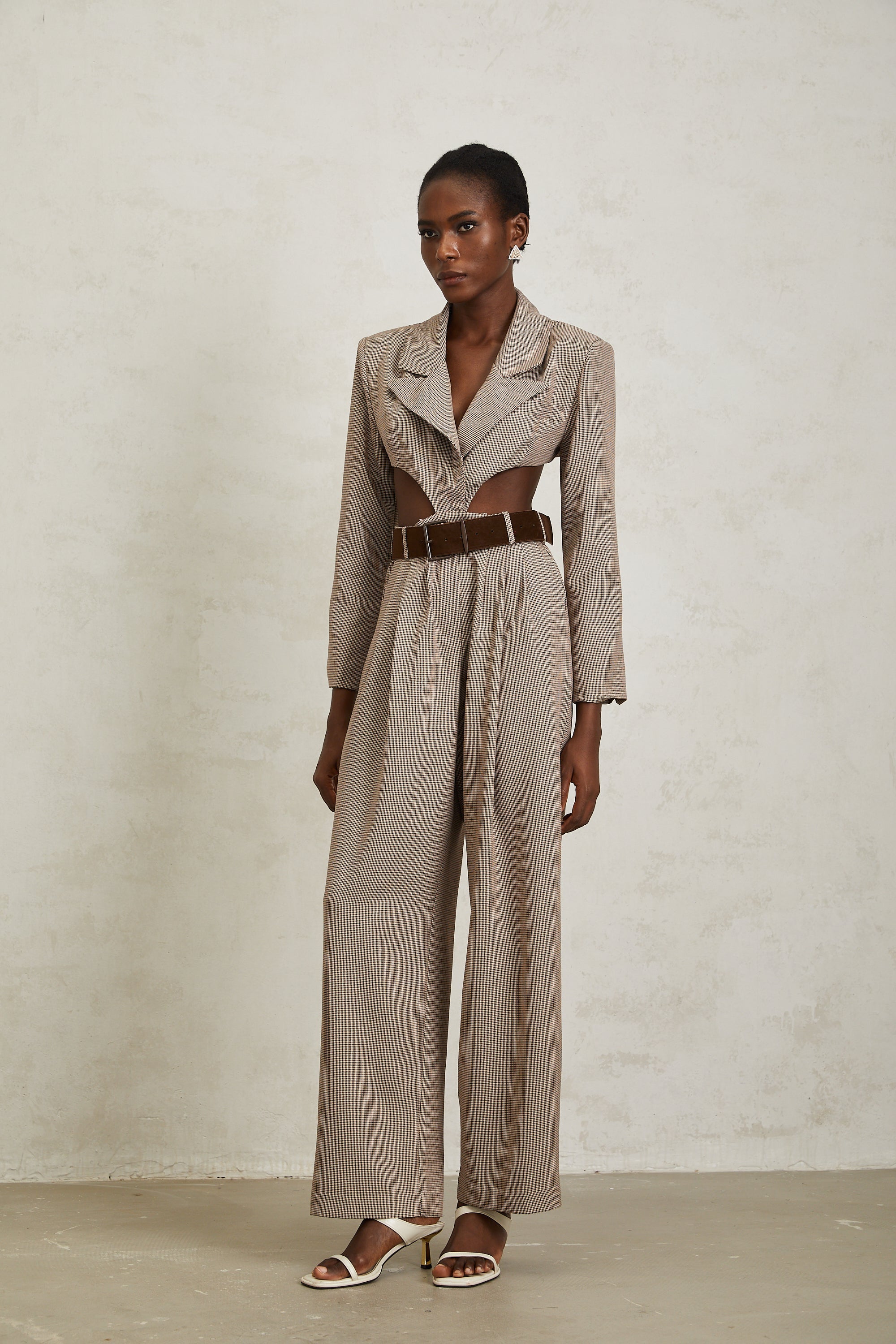Cayetana Khaki Cut Out Houndstooth Jumpsuit