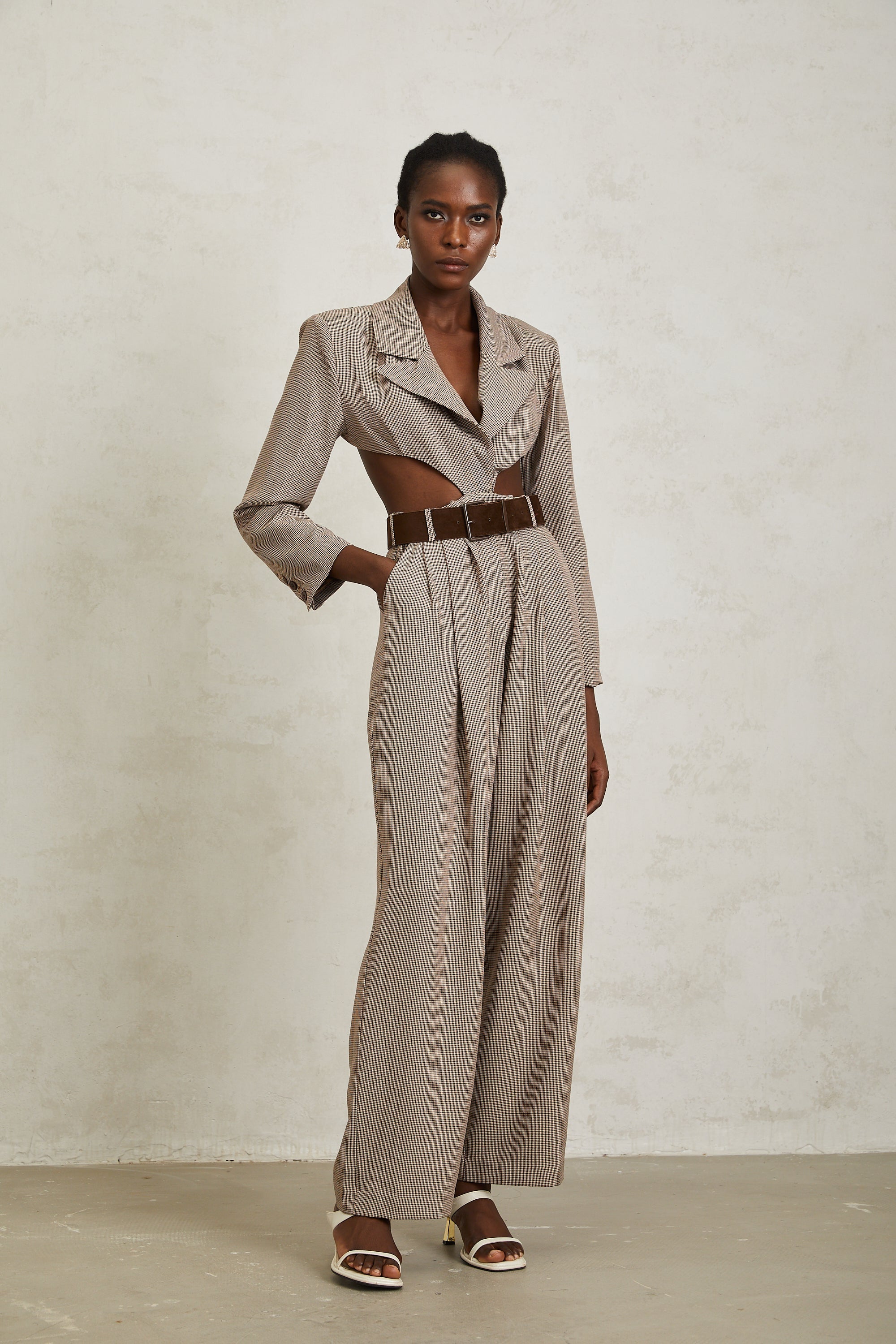 Cayetana Khaki Cut Out Houndstooth Jumpsuit