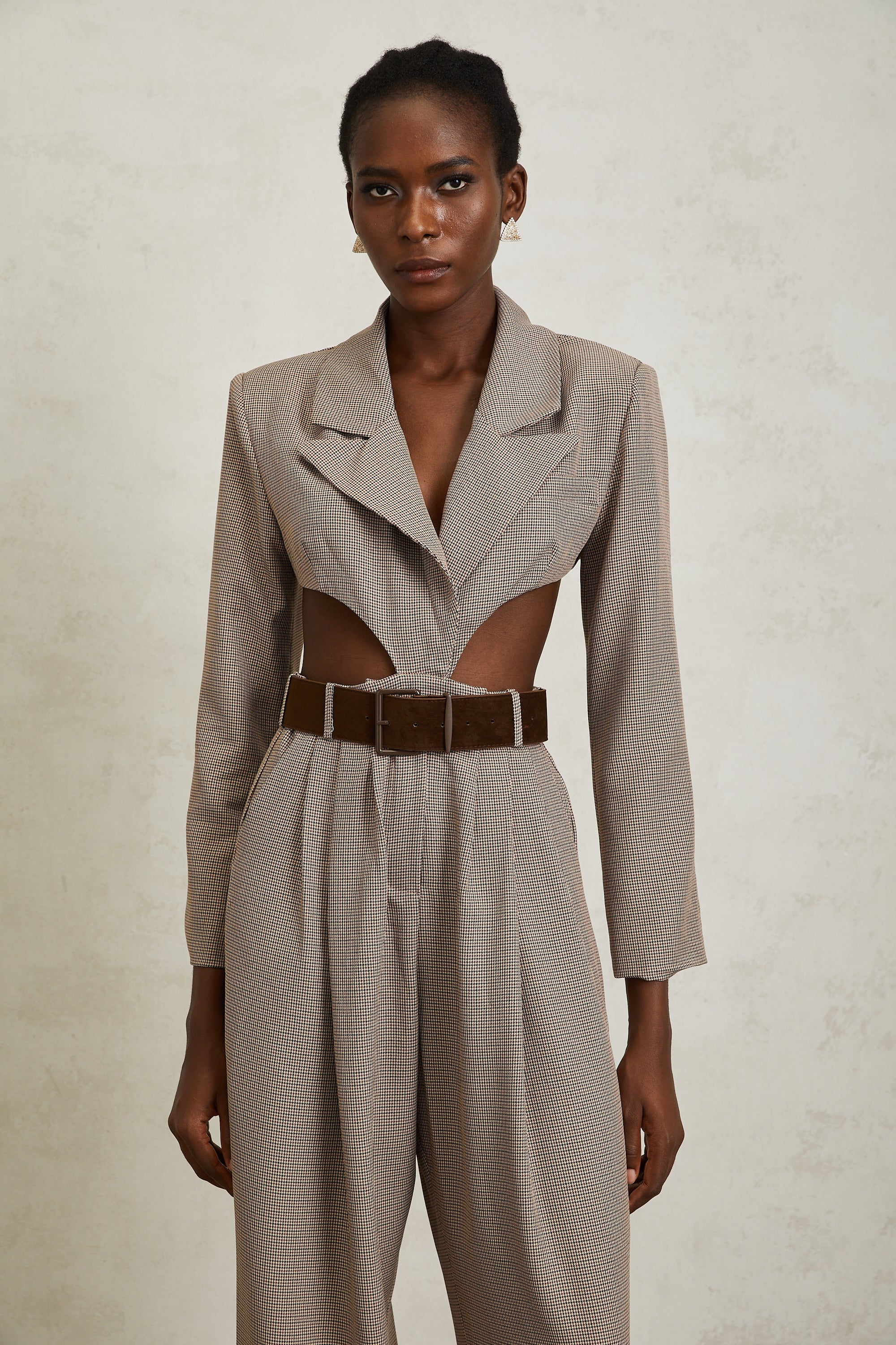 Cayetana Khaki Cut Out Houndstooth Jumpsuit