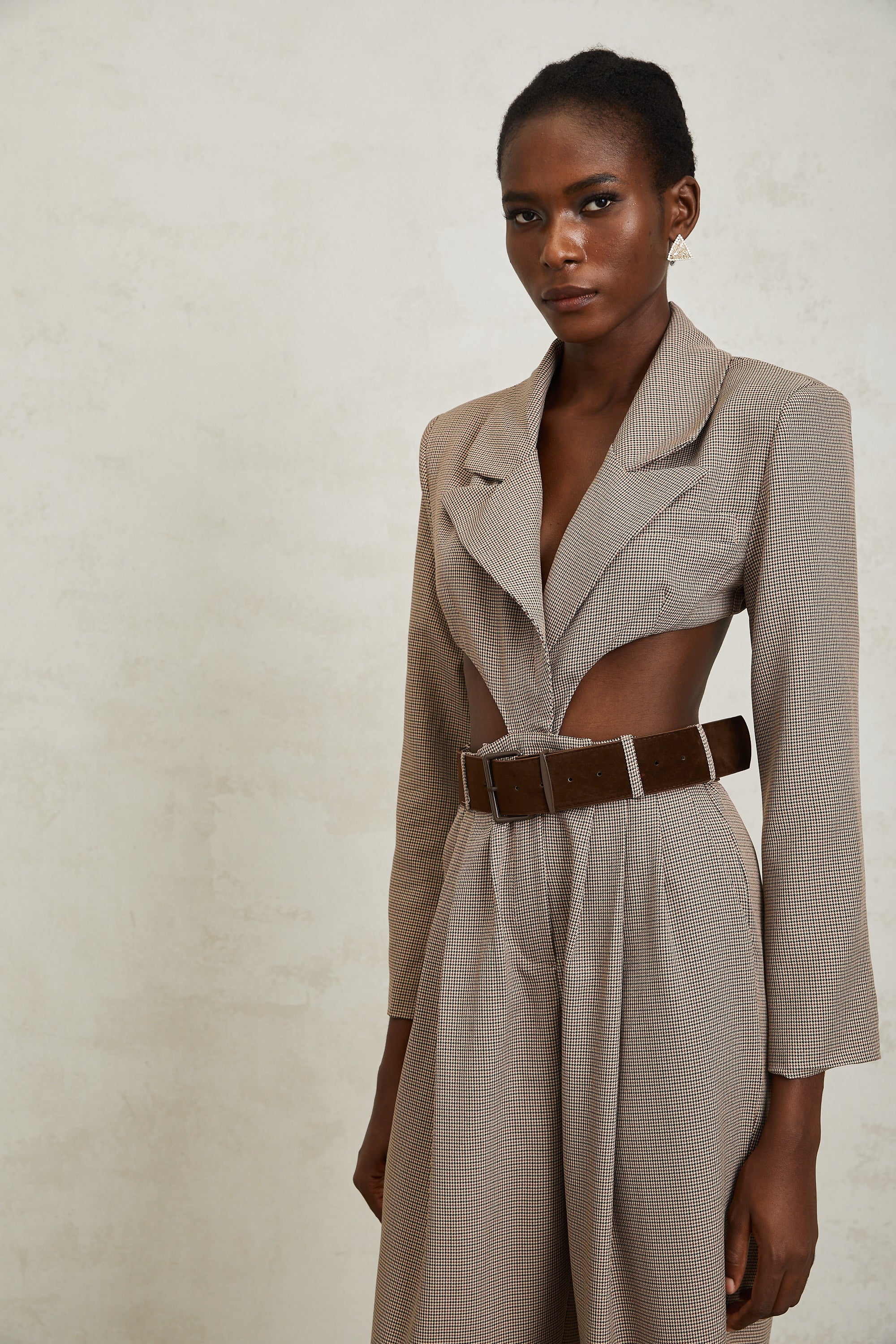 Cayetana Khaki Cut Out Houndstooth Jumpsuit