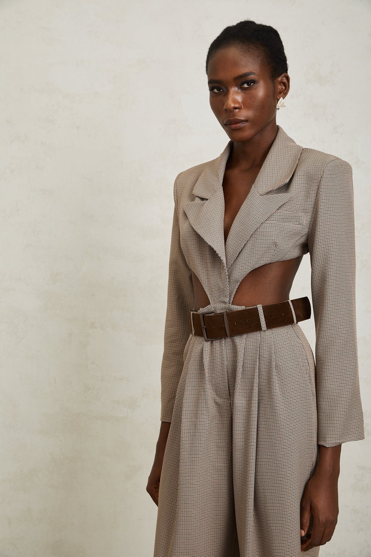 Cayetana Khaki Cut Out Houndstooth Jumpsuit