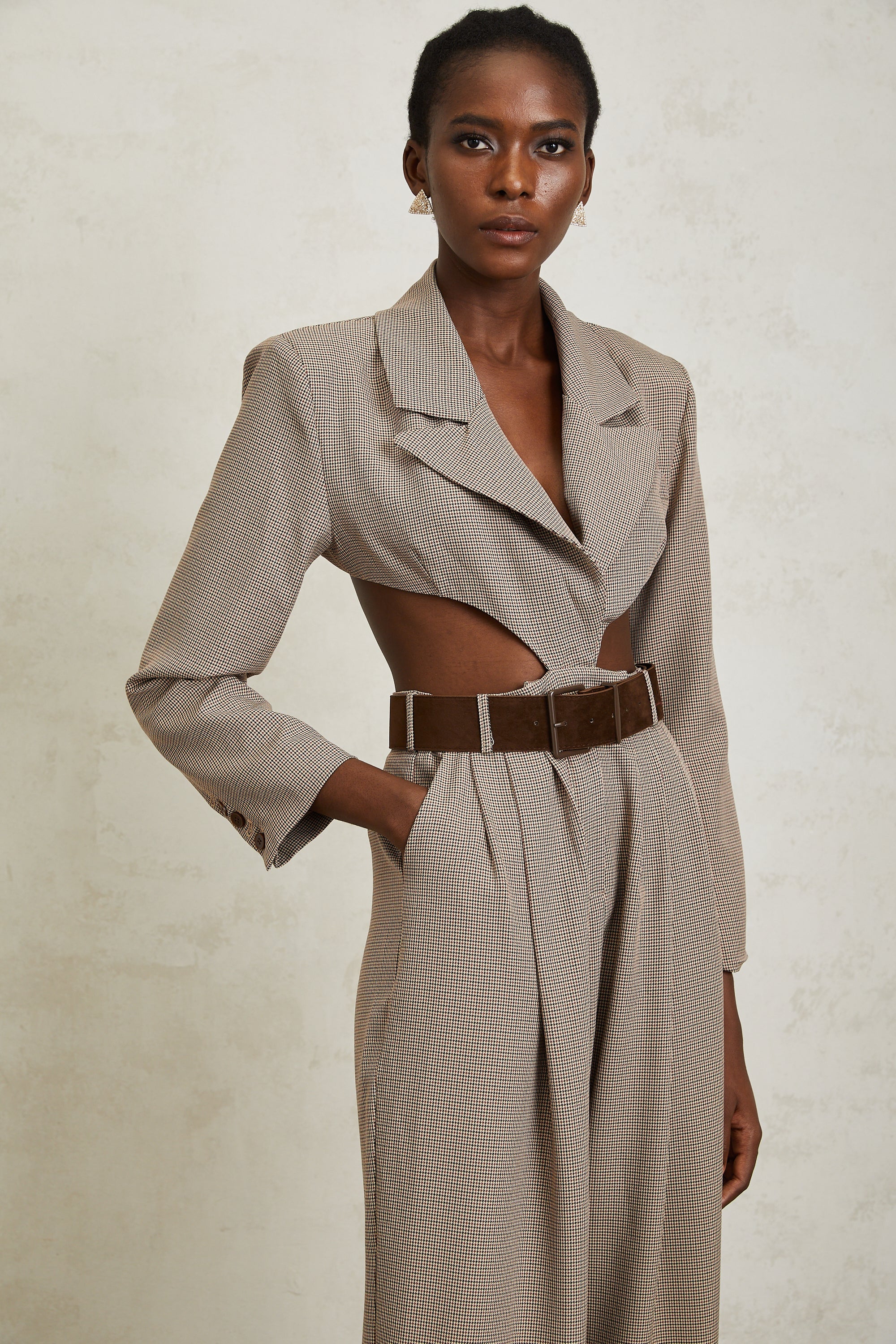 Cayetana Khaki Cut Out Houndstooth Jumpsuit