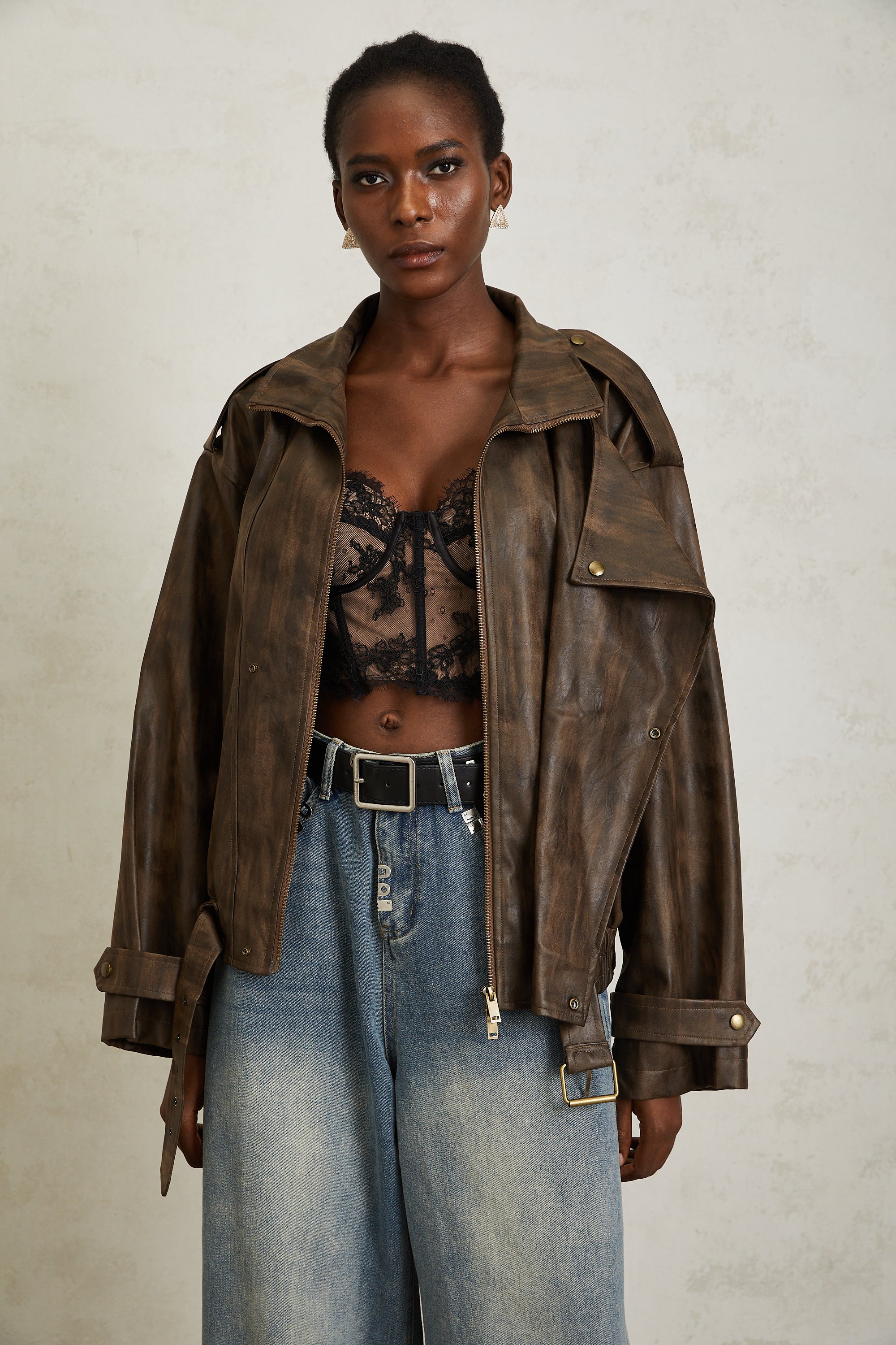Manon Brown Tie-Dye Leather Biker Jacket