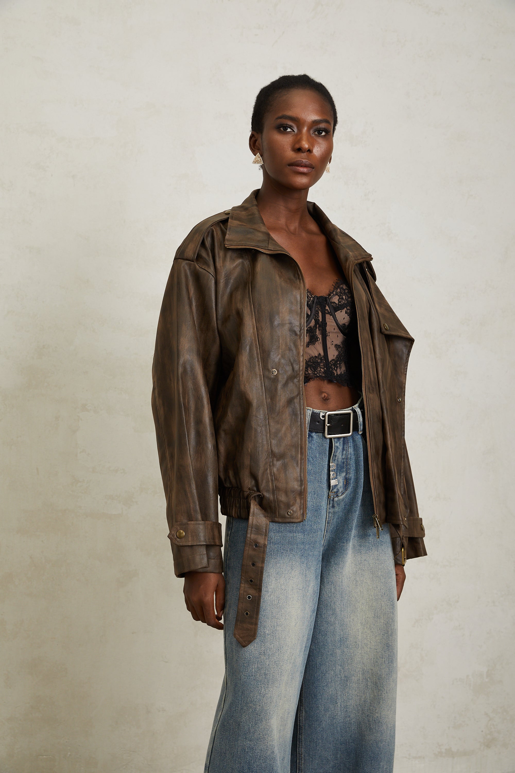 Manon Brown Tie-Dye Leather Biker Jacket