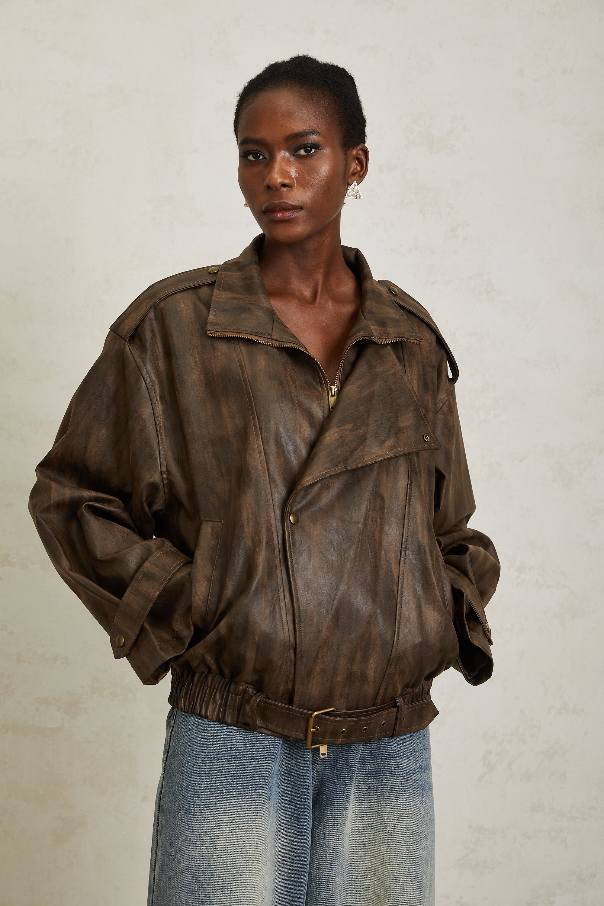 Manon Brown Tie-Dye Leather Biker Jacket