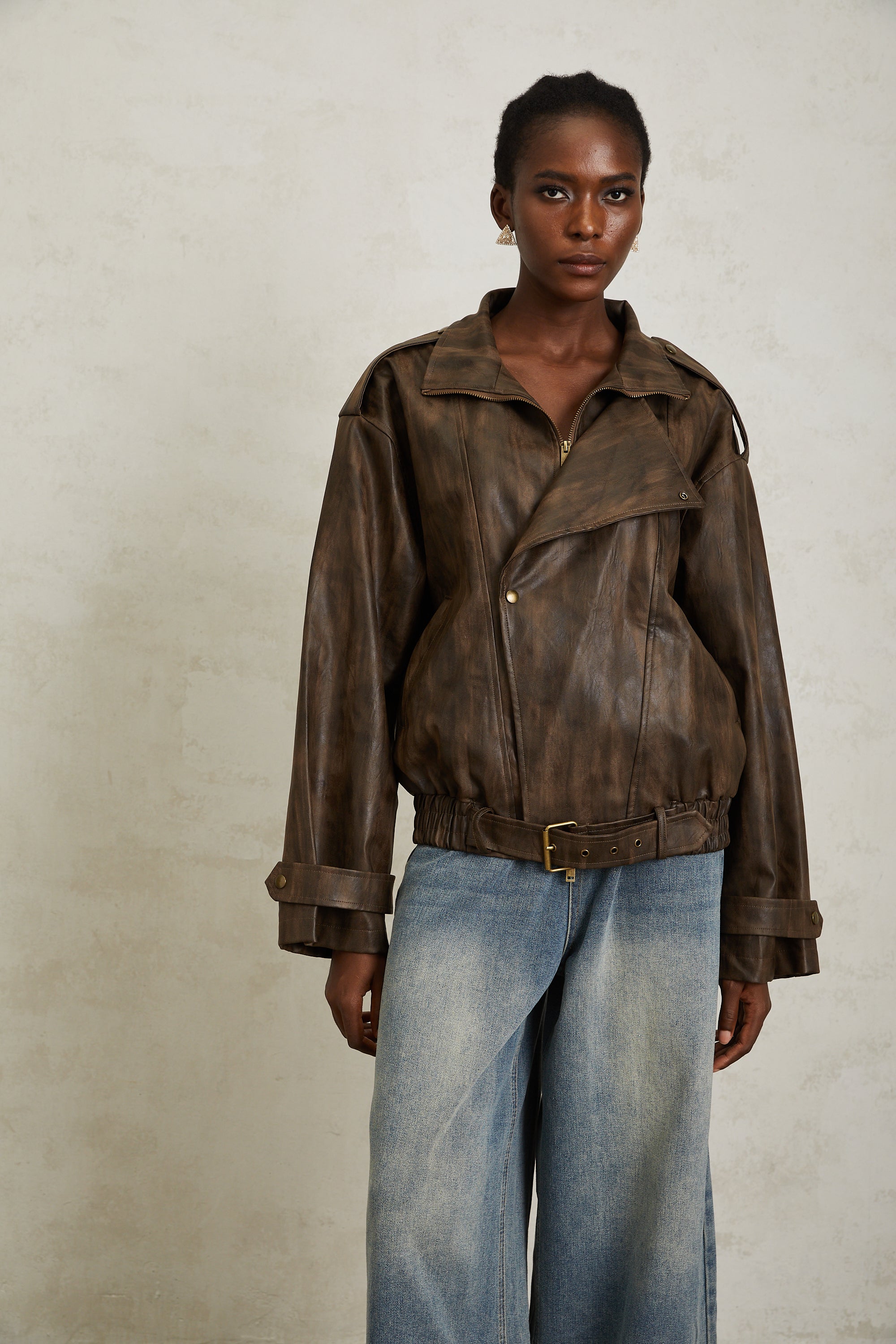 Manon Brown Tie-Dye Leather Biker Jacket