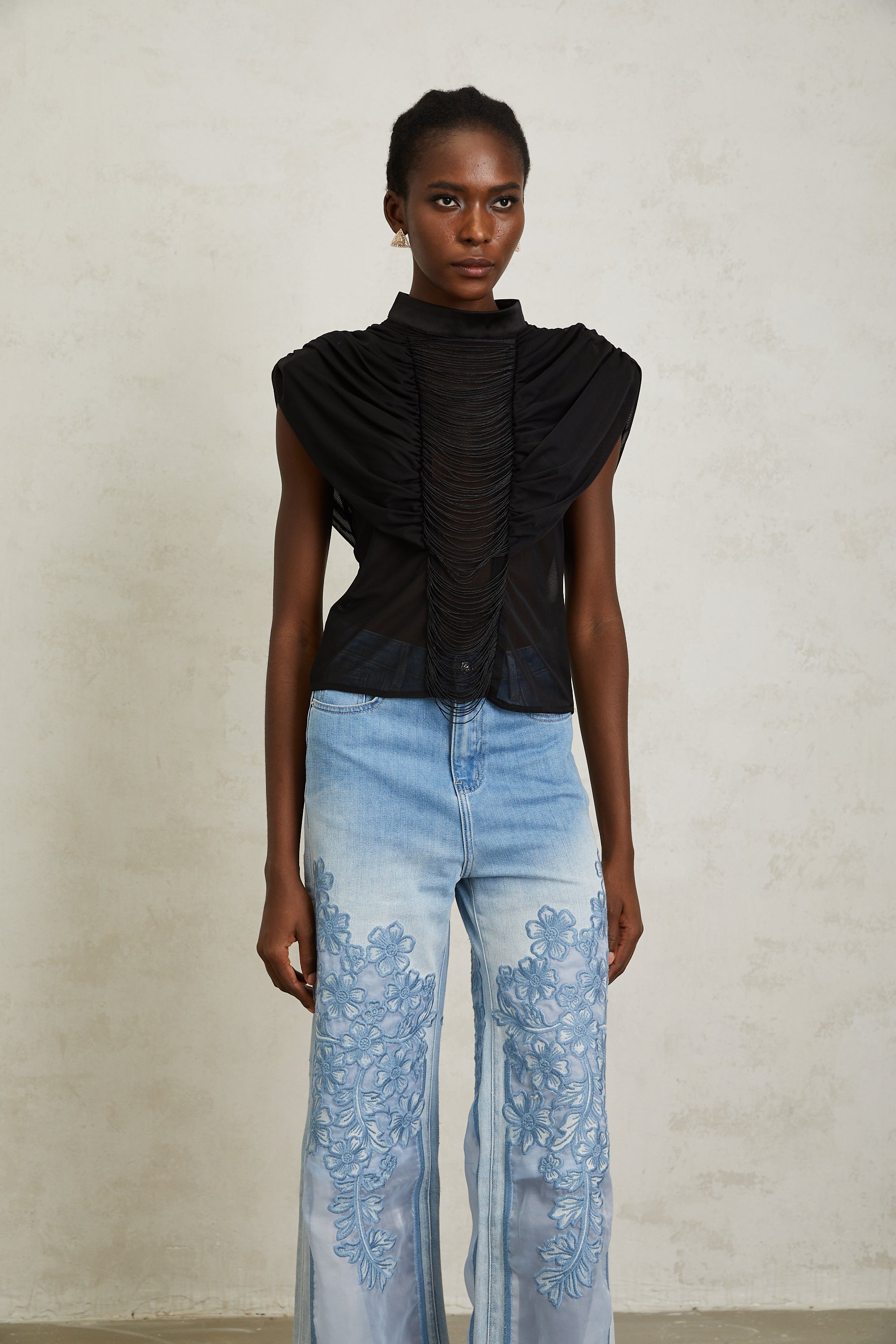 Zazie Black Fringed Ruched Tulle Top
