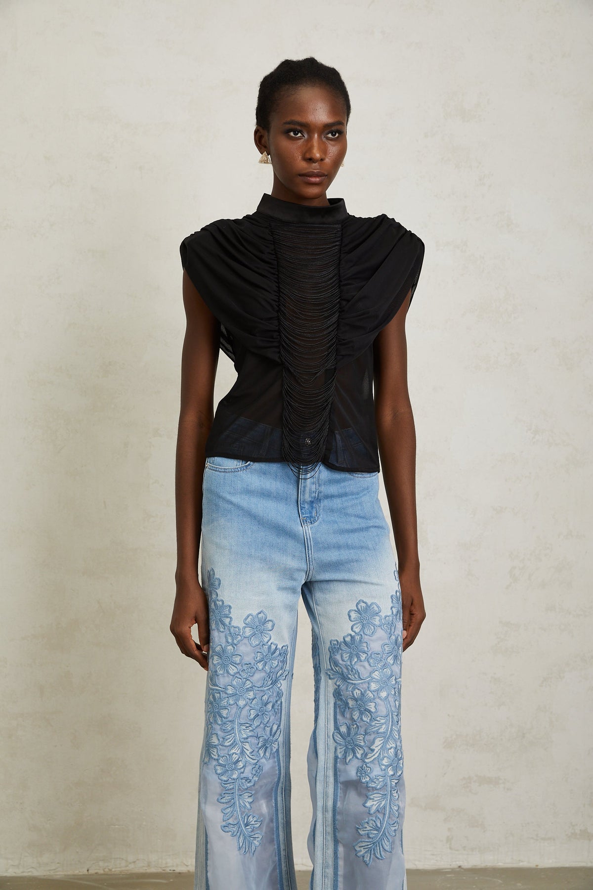 Zazie Black Fringed Ruched Tulle Top