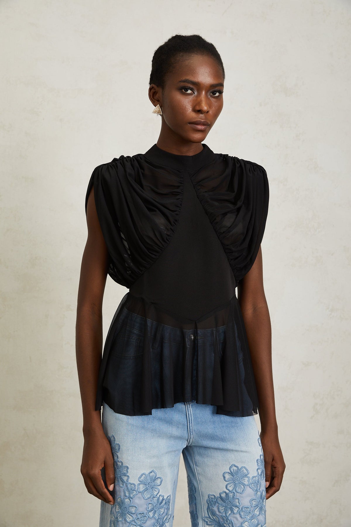 Aurore Black Ruched Mesh Top