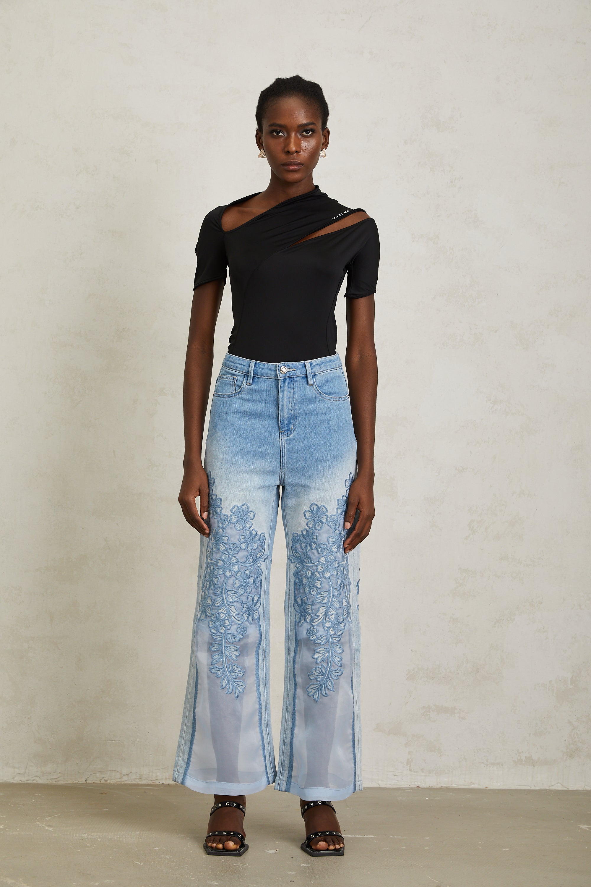Inmaculada Blue Tulle Panel Floral Embroidered Jeans