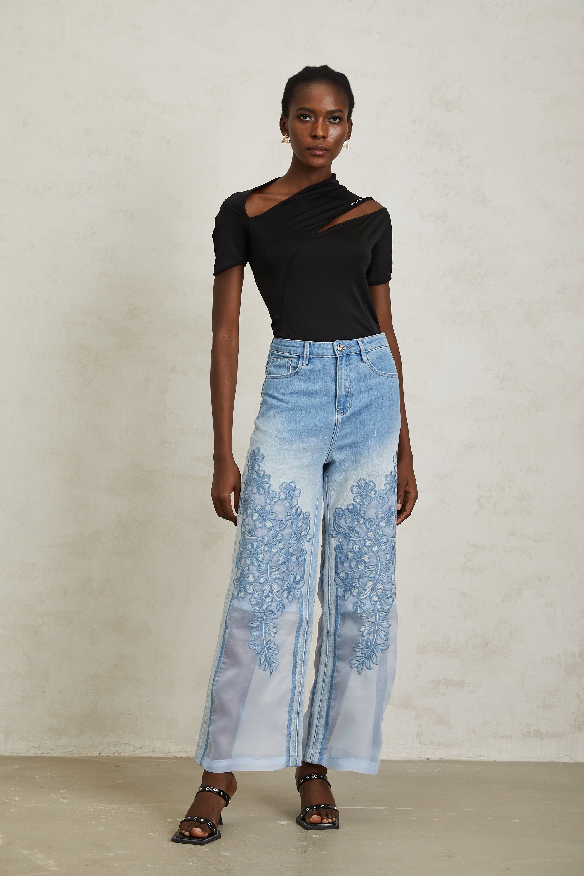 Inmaculada Blue Tulle Panel Floral Embroidered Jeans