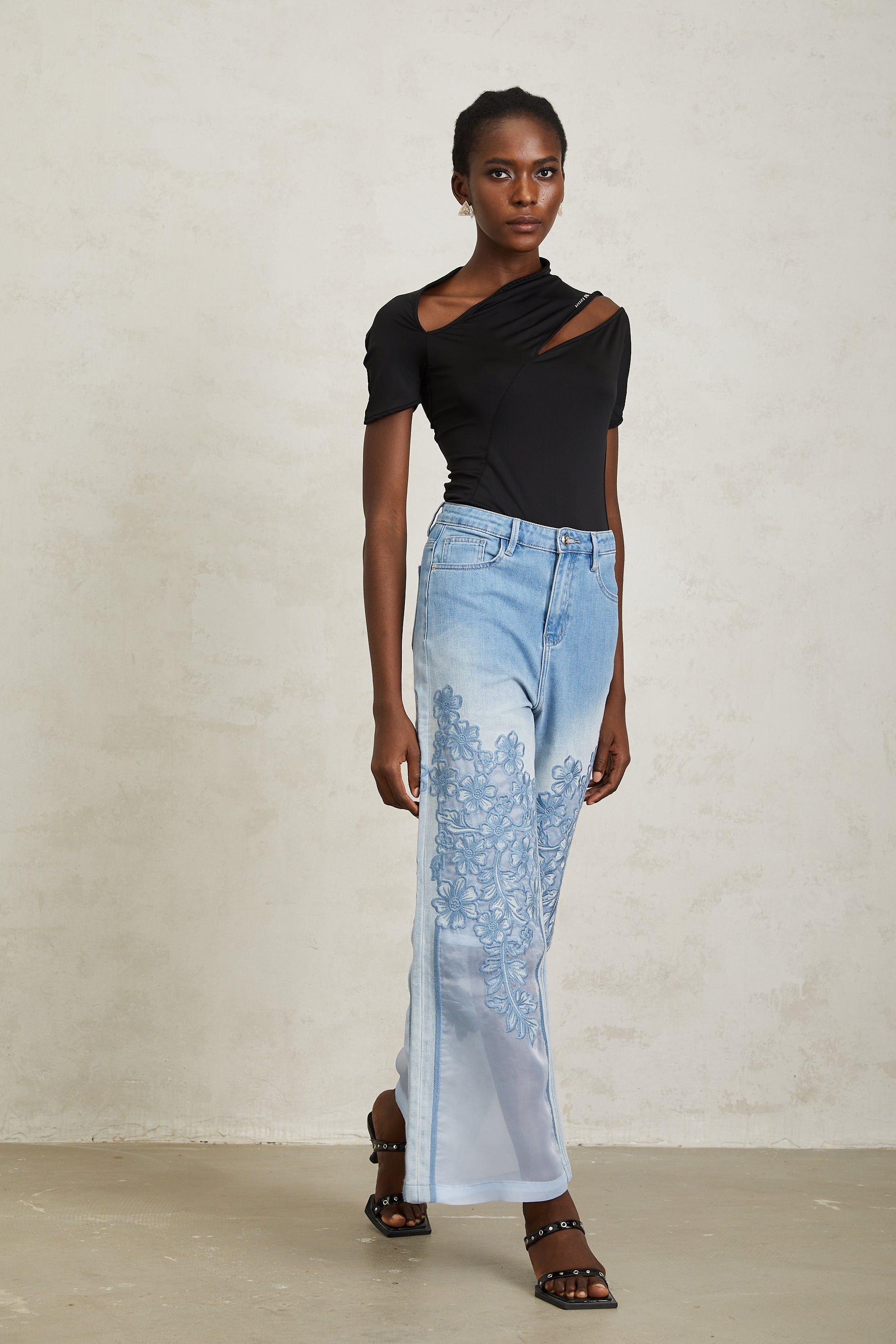 Inmaculada Blue Tulle Panel Floral Embroidered Jeans