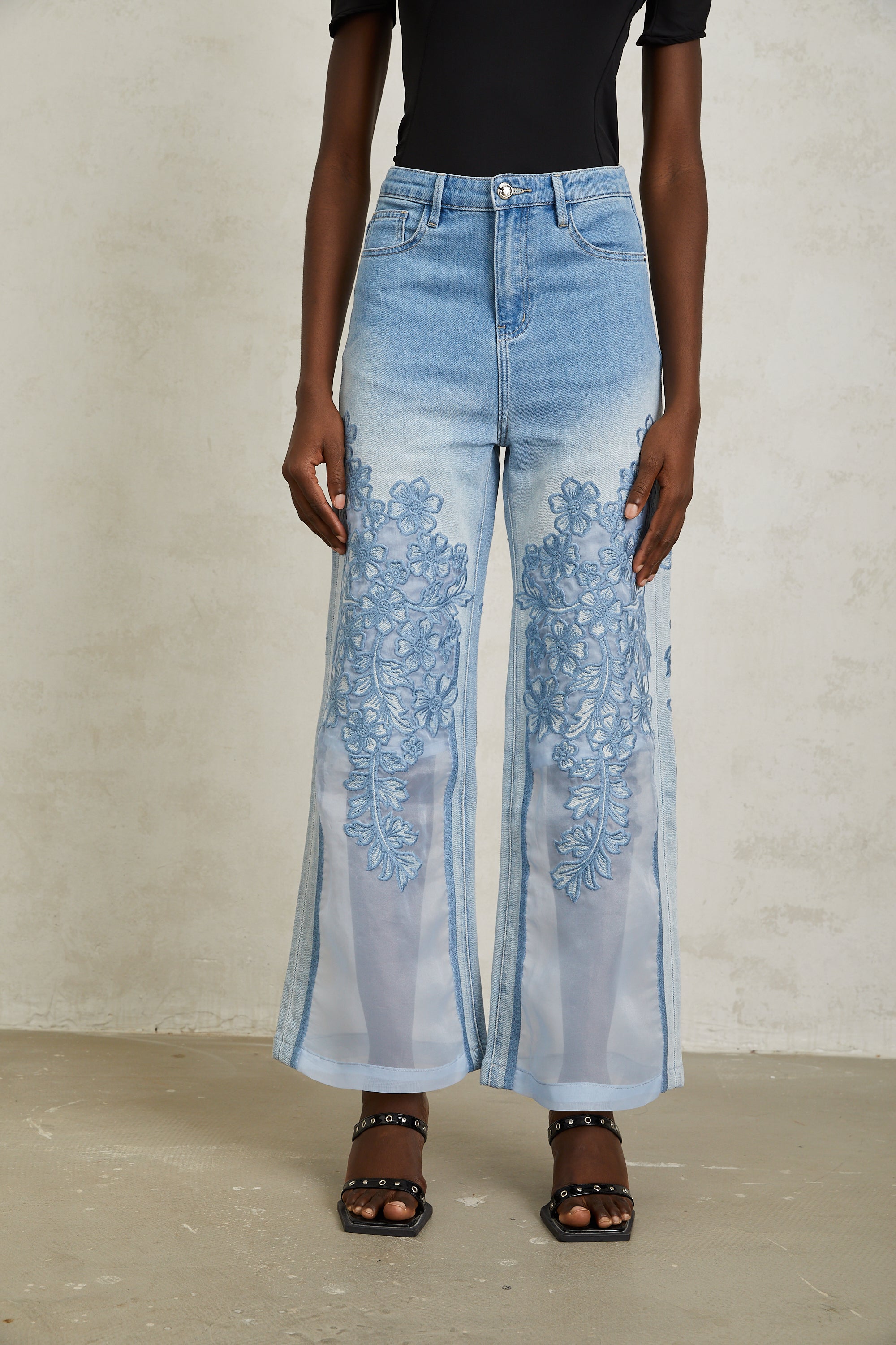 Inmaculada Blue Tulle Panel Floral Embroidered Jeans