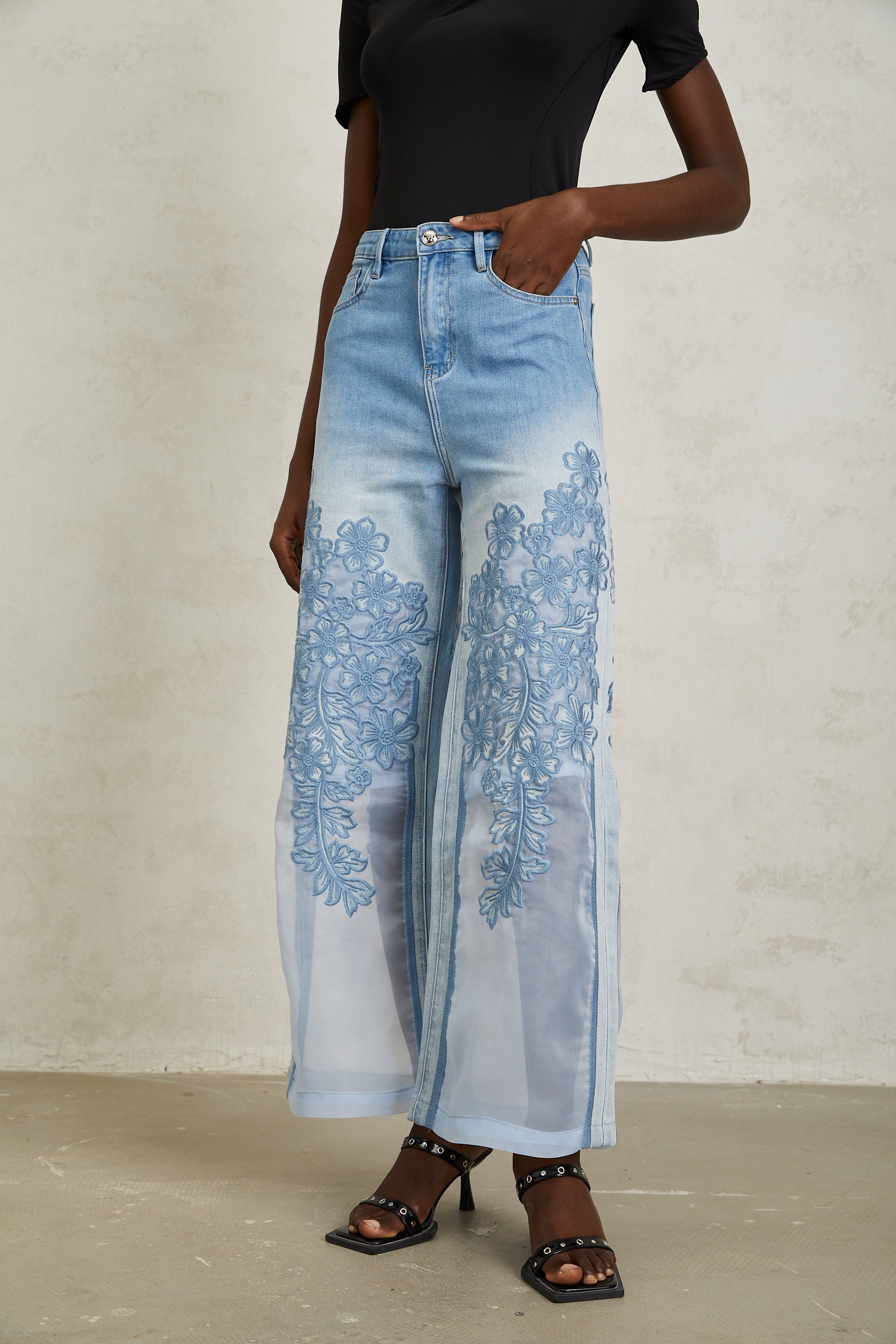 Inmaculada Blue Tulle Panel Floral Embroidered Jeans